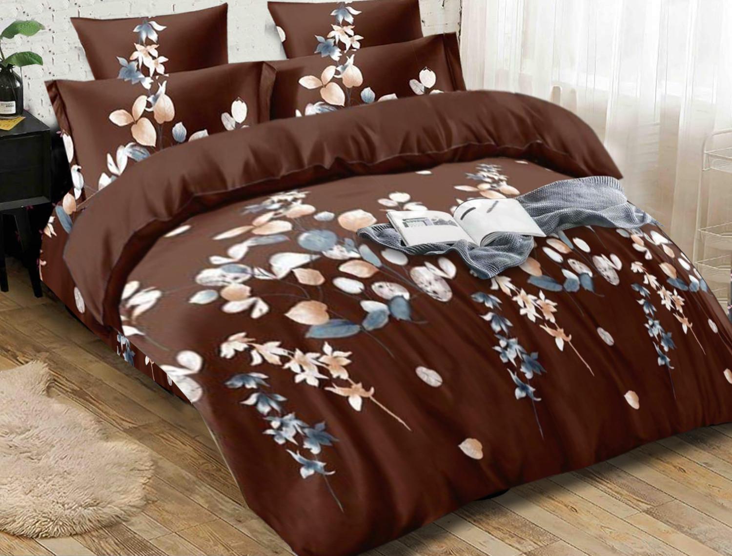 Kuber Industries Flower Print Glace Cotton AC Comforter King Size Bed Comforter, Double Bed Sheet, 2 Pillow Cover (Brown, 90x100 Inches)-Set of 4 Pieces
