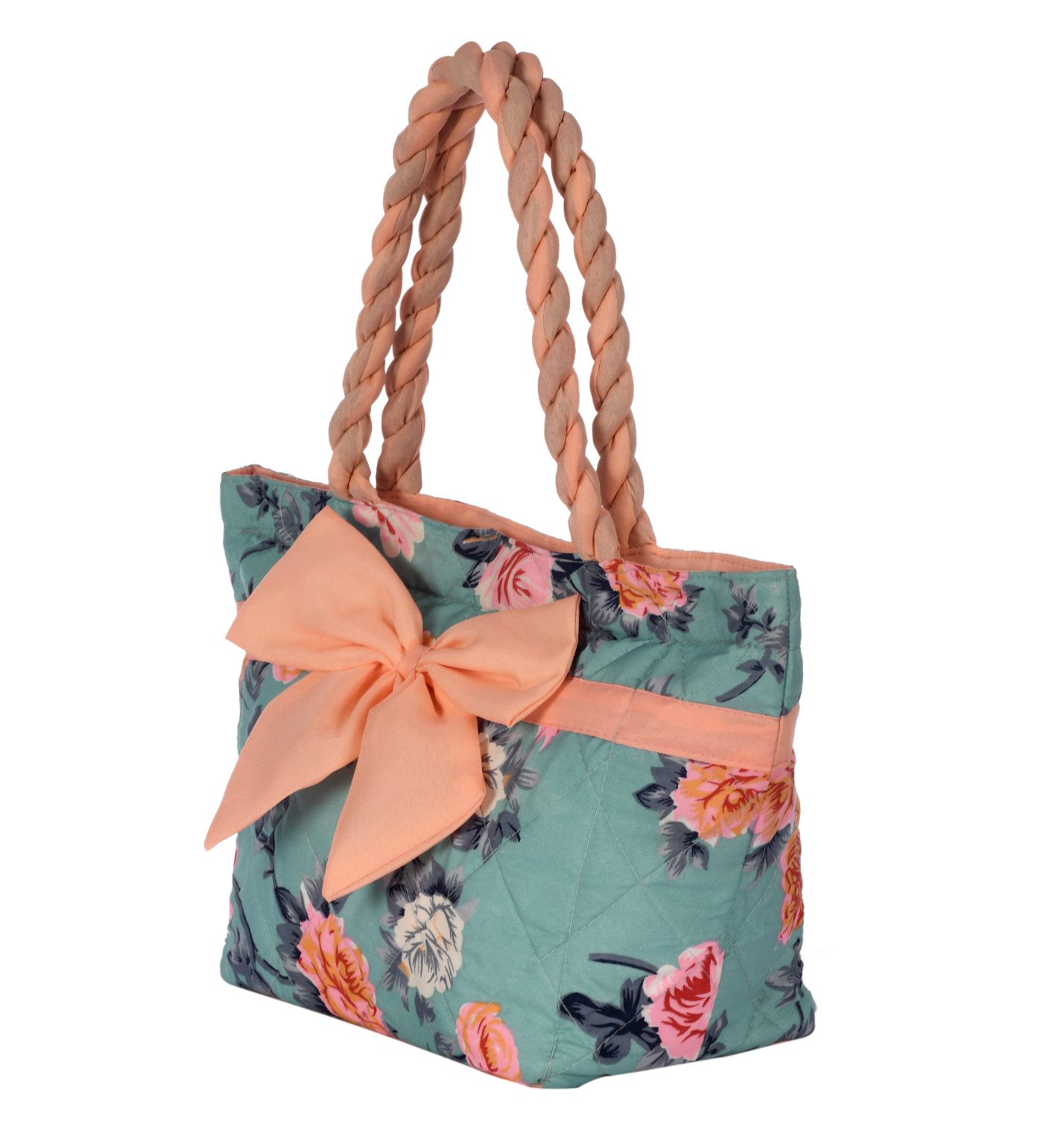 Kuber Industries Flower Print Hand Bag, Bow Bag For Women/Girls With Handle (Green)