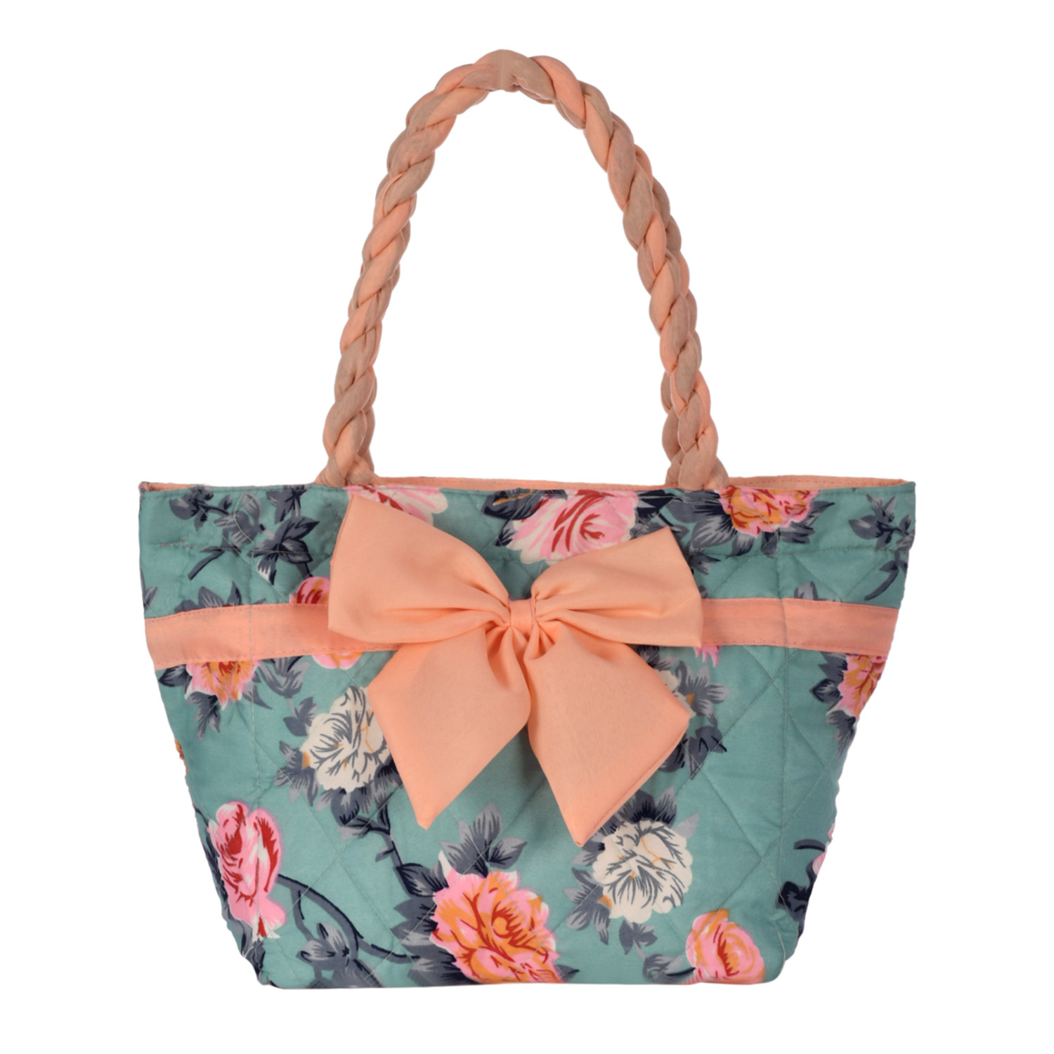 Kuber Industries Flower Print Hand Bag, Bow Bag For Women/Girls With Handle (Green)