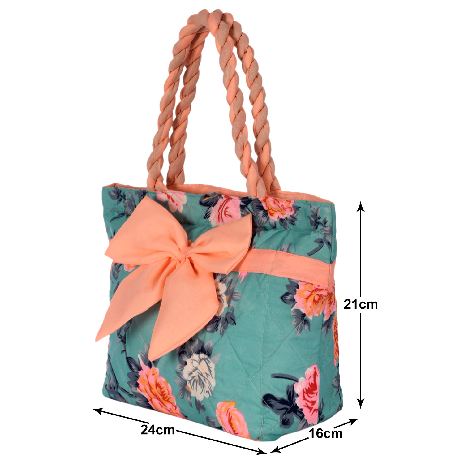Kuber Industries Flower Print Hand Bag, Bow Bag For Women/Girls With Handle (Green)