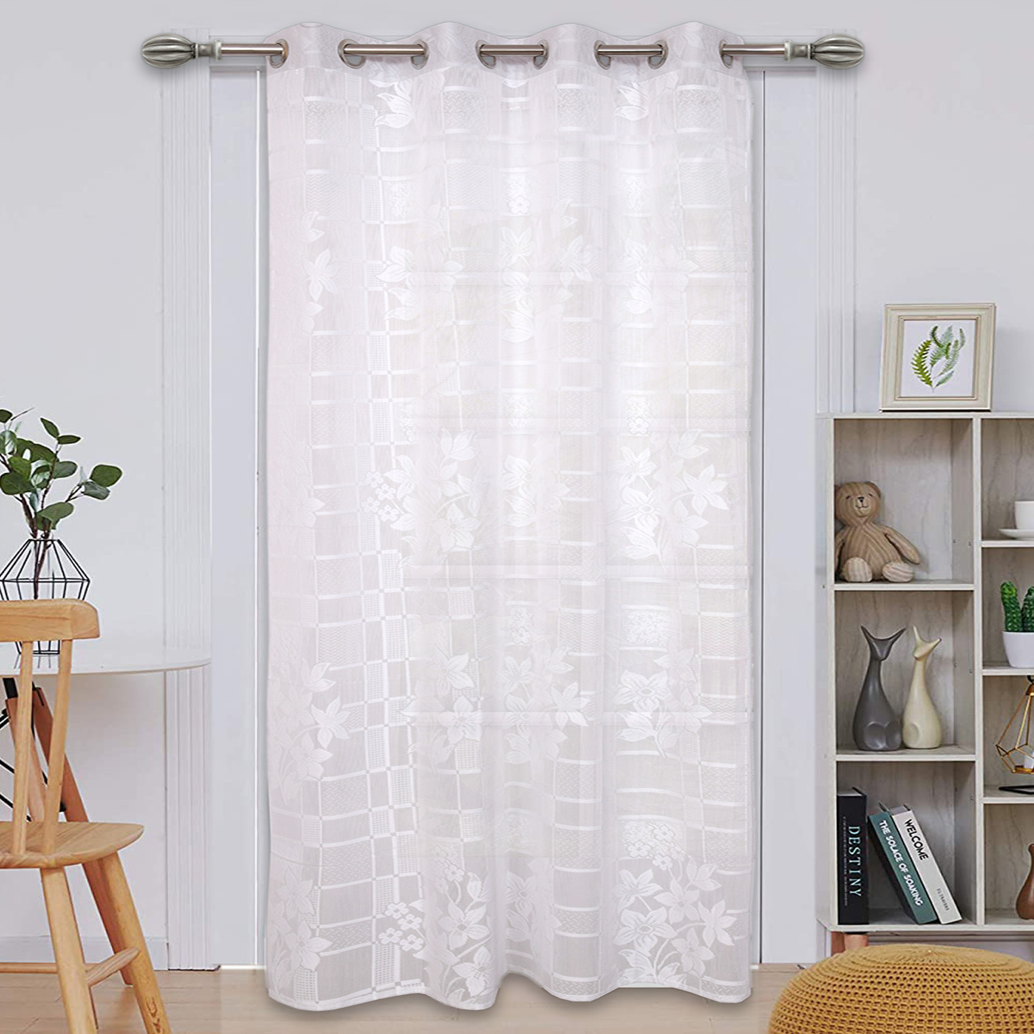 Kuber Industries Flower Print Home Décor Cotton Door Curtain With 8 Eyeletss, 7 Feet (White)