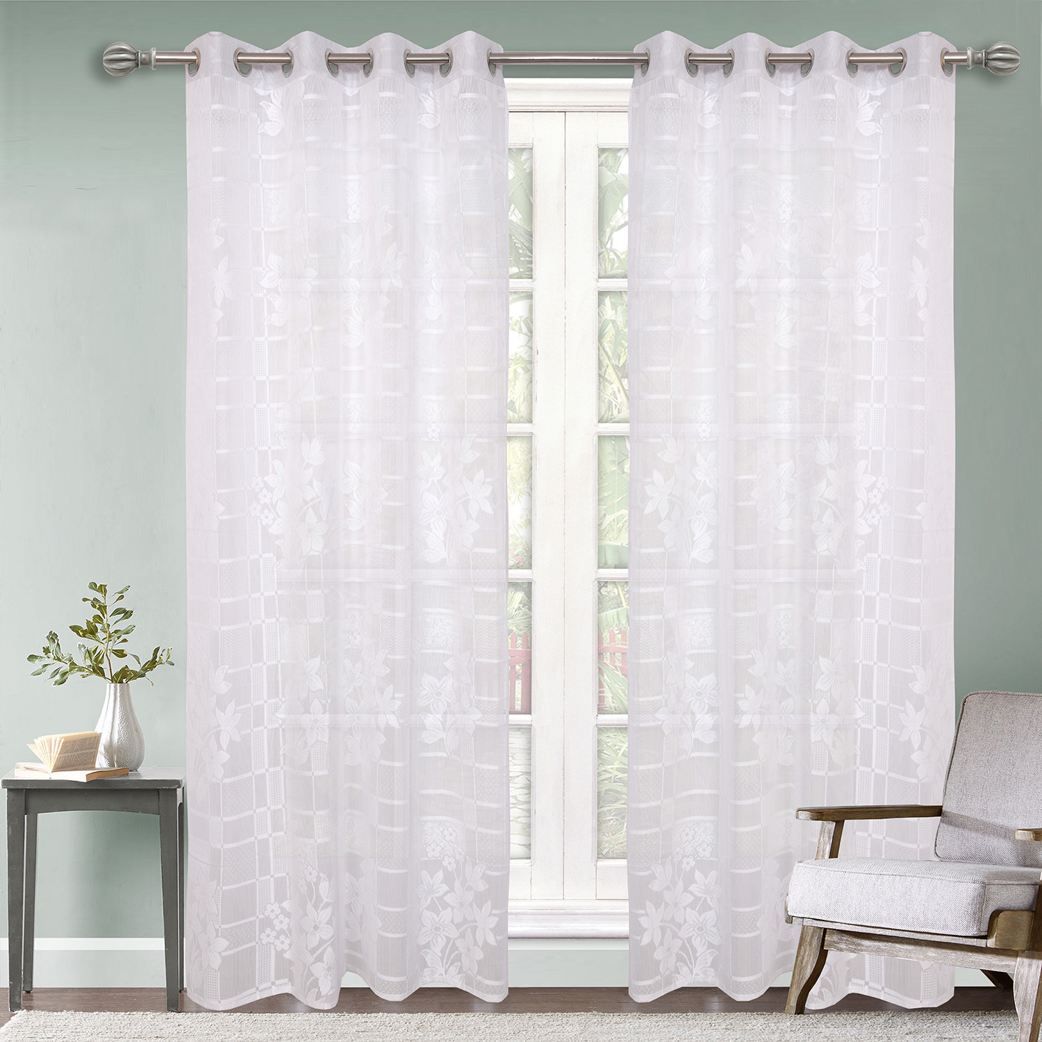 Kuber Industries Flower Print Home Décor Cotton Door Curtain With 8 Eyeletss, 7 Feet (White)