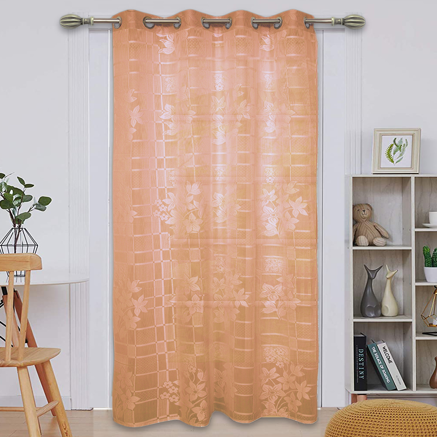 Kuber Industries Flower Print Home Decor Cotton Door Curtain With 8 Eyeletss, 7 Feet (Brown)