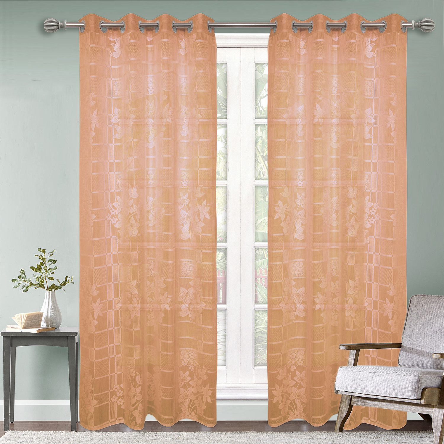 Kuber Industries Flower Print Home Decor Cotton Door Curtain With 8 Eyeletss, 7 Feet (Brown)
