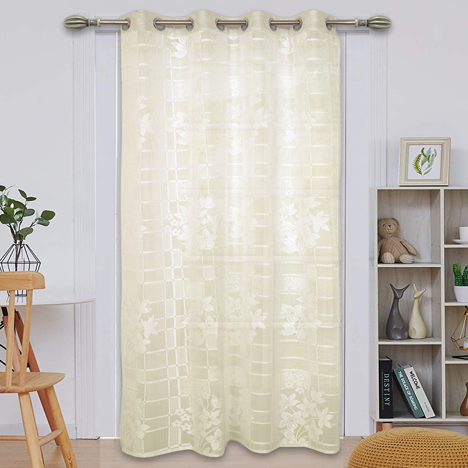 Kuber Industries Flower Print Home Decor Cotton Door Curtain With 8 Eyeletss, 7 Feet (Cream)