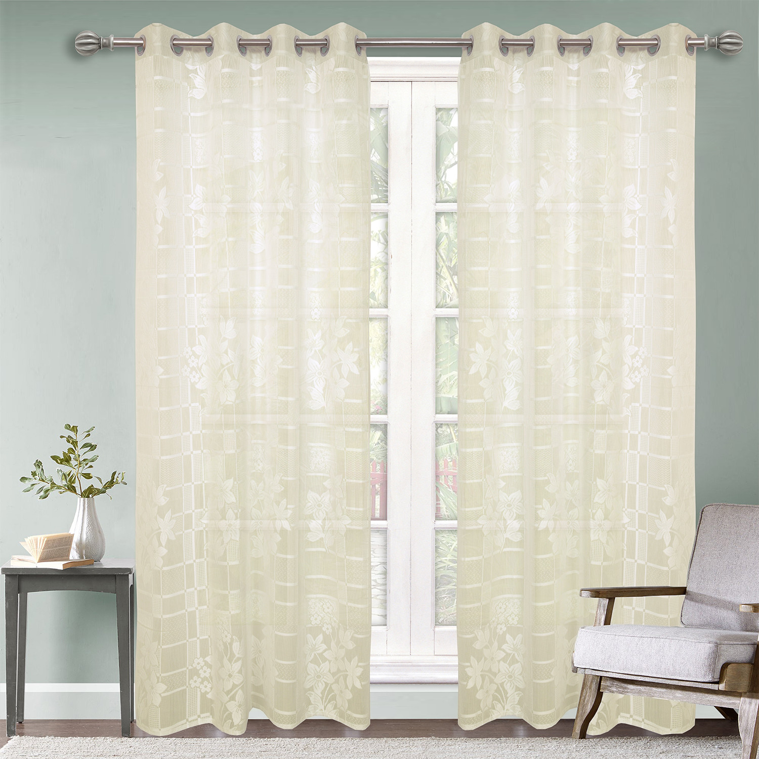 Kuber Industries Flower Print Home Decor Cotton Door Curtain With 8 Eyeletss, 7 Feet (Cream)
