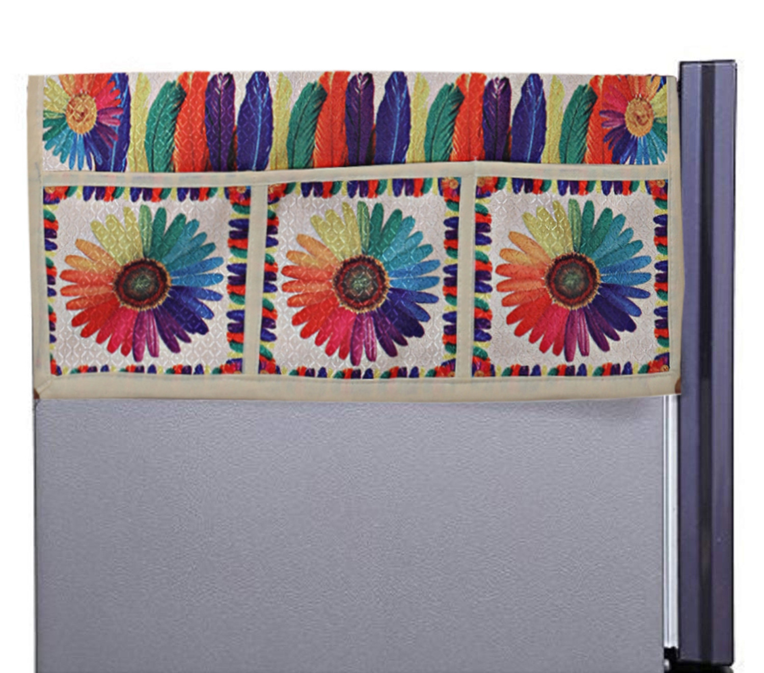 Kuber Industries Flower Print Jute 3-Layered Fridge/Refrigerator Top Cover with 6 Utility Pockets,Gold
