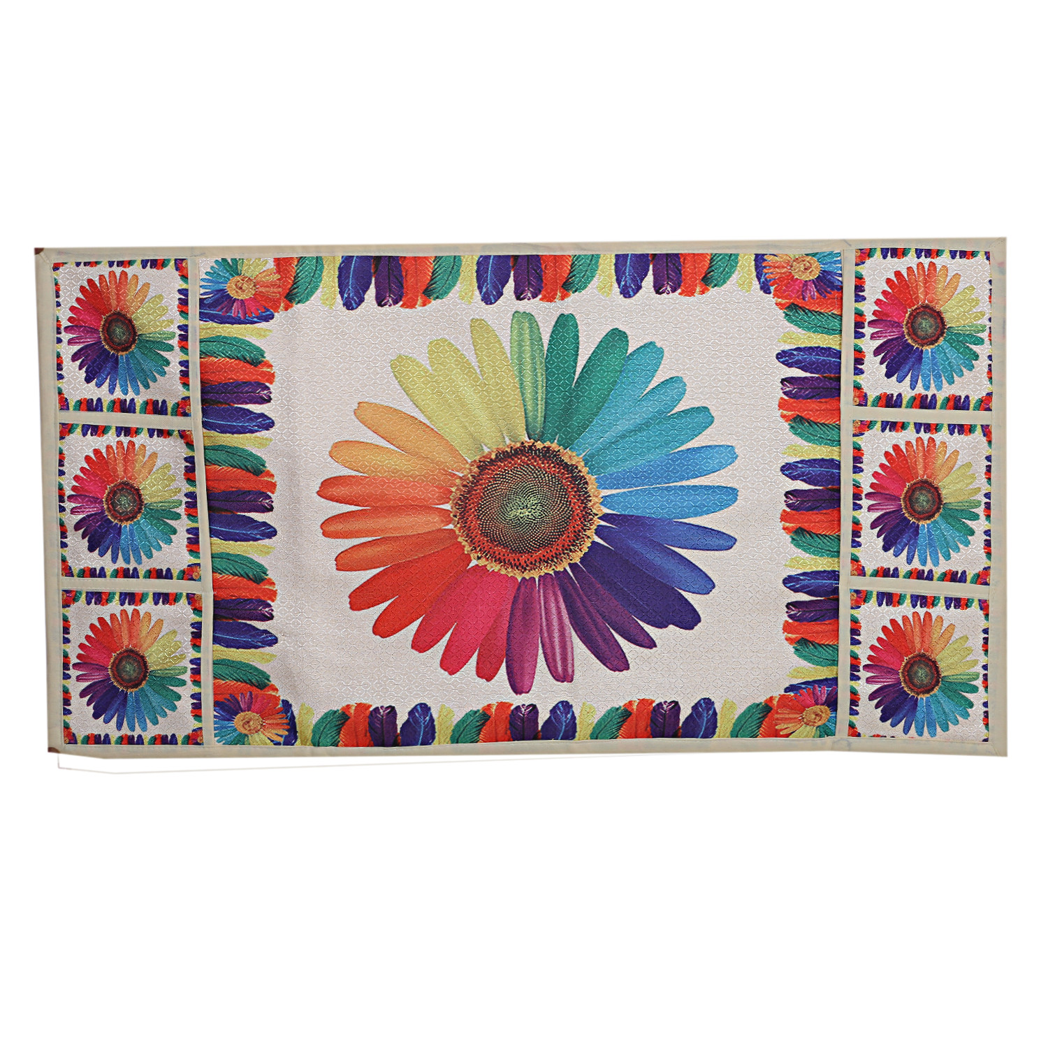 Kuber Industries Flower Print Jute 3-Layered Fridge/Refrigerator Top Cover with 6 Utility Pockets,Gold