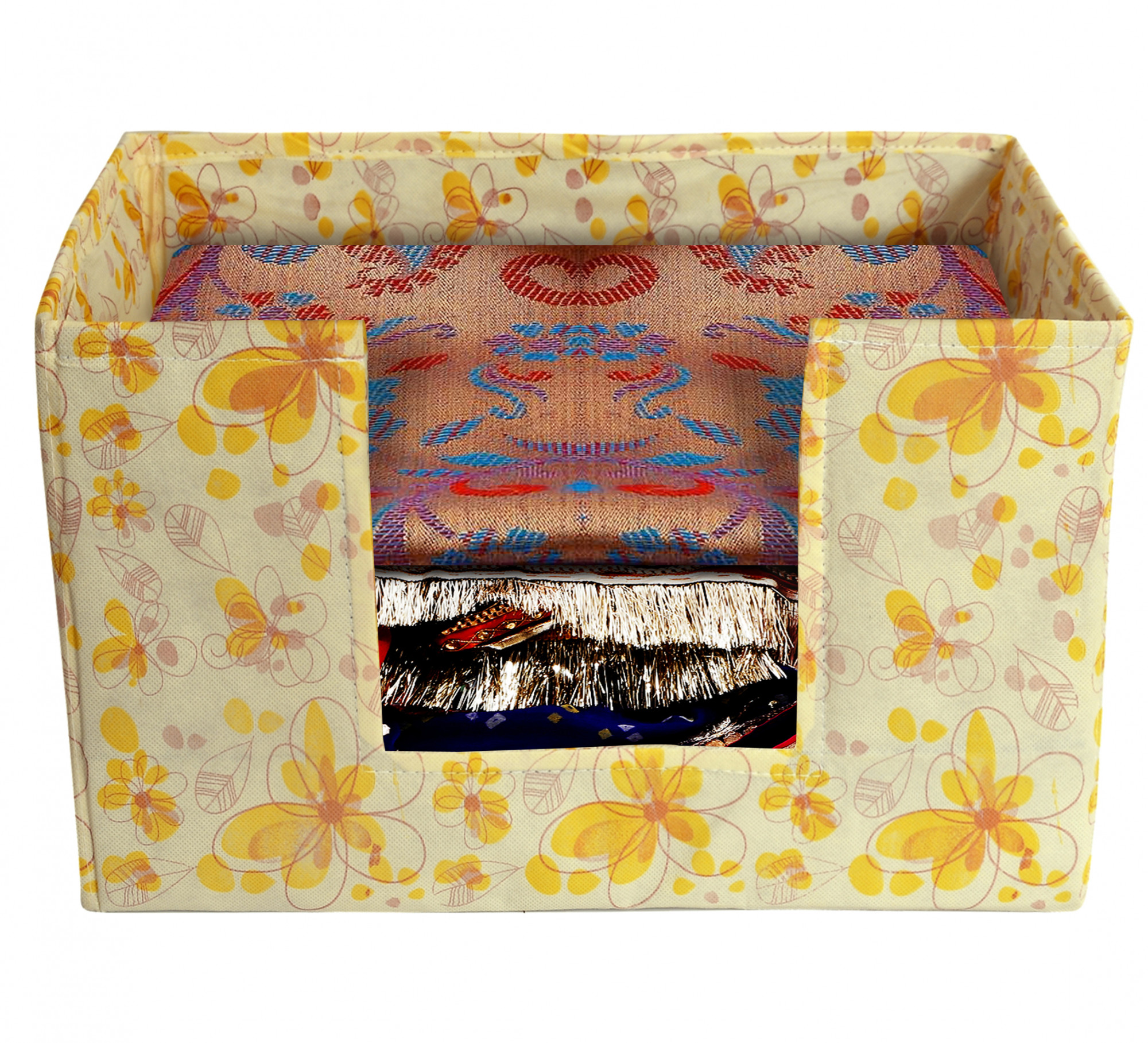 Kuber Industries Flower Print Non-Woven Shirt Stacker Closet Organizer - Shirts and Clothing Organizer With Handle (Ivory & Red)