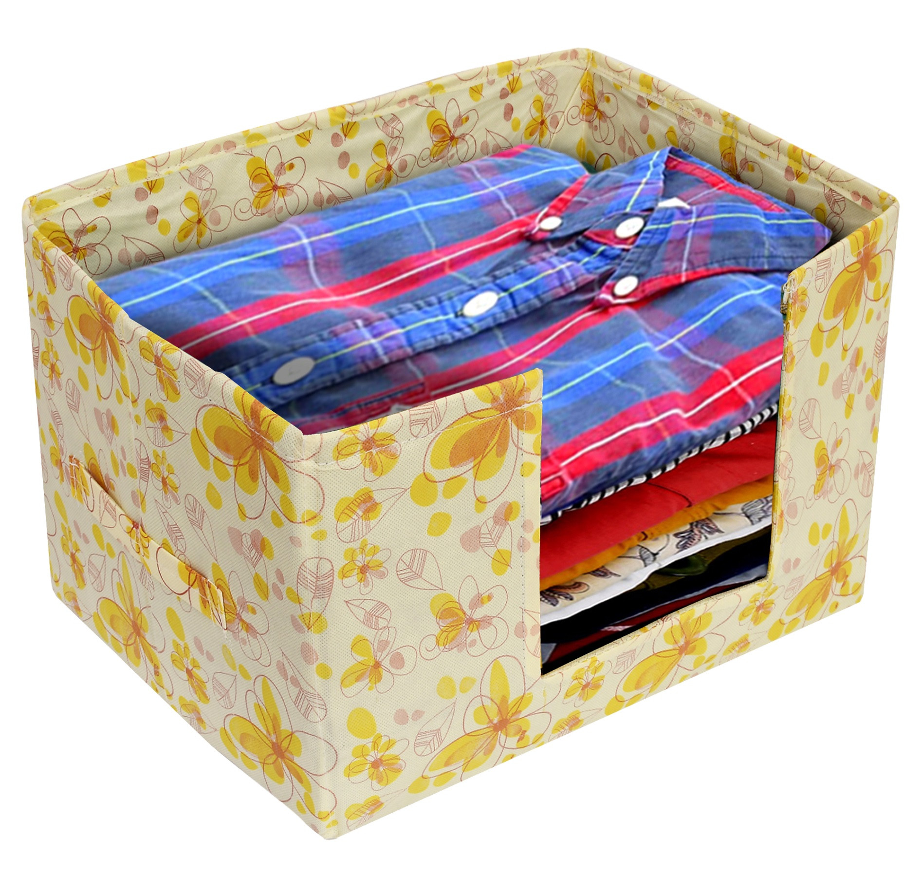 Kuber Industries Flower Print Non-Woven Shirt Stacker Closet Organizer - Shirts and Clothing Organizer With Handle (Ivory & Red)