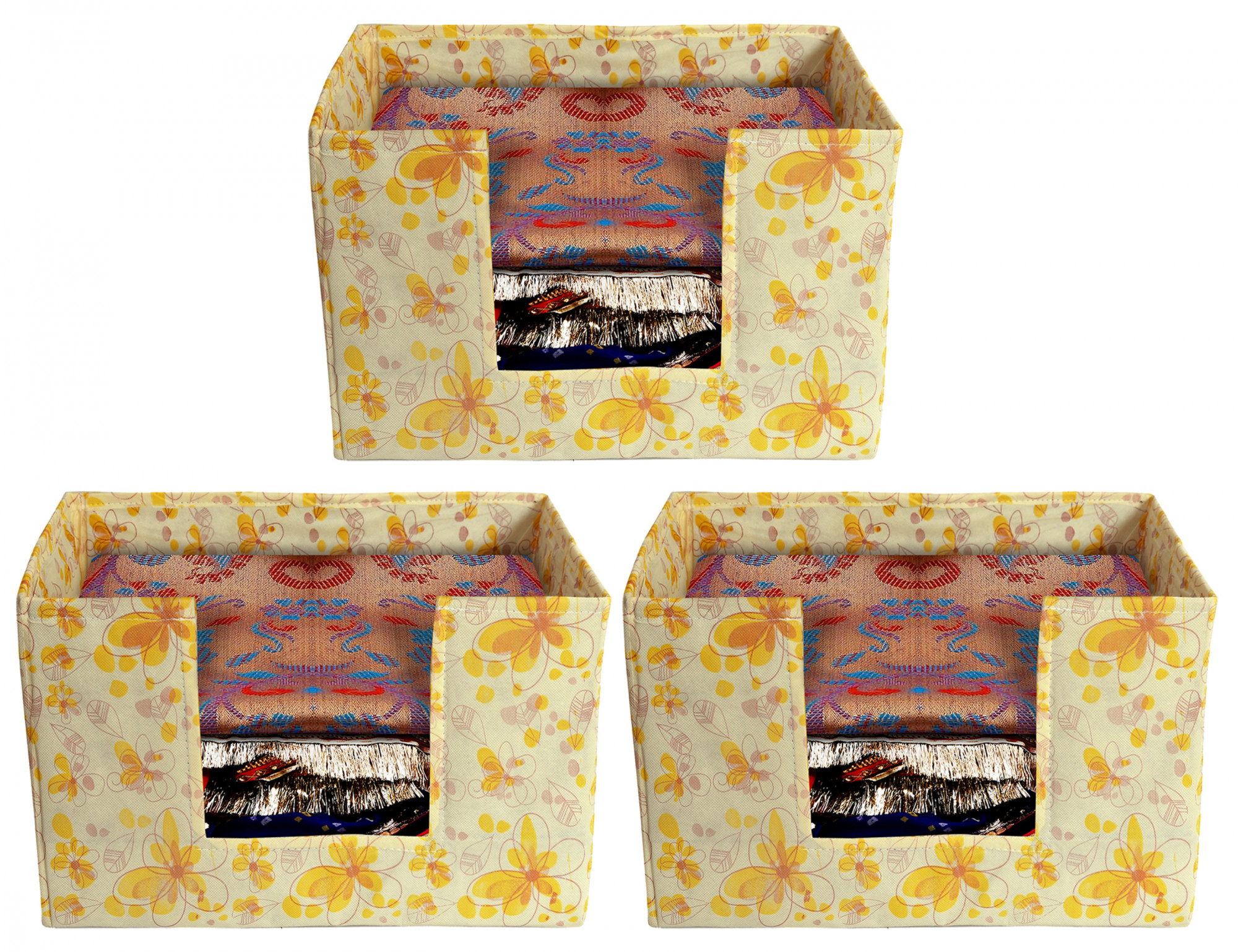 Kuber Industries Flower Print Non-Woven Shirt Stacker Closet Organizer - Shirts and Clothing Organizer With Handle (Ivory & Red)