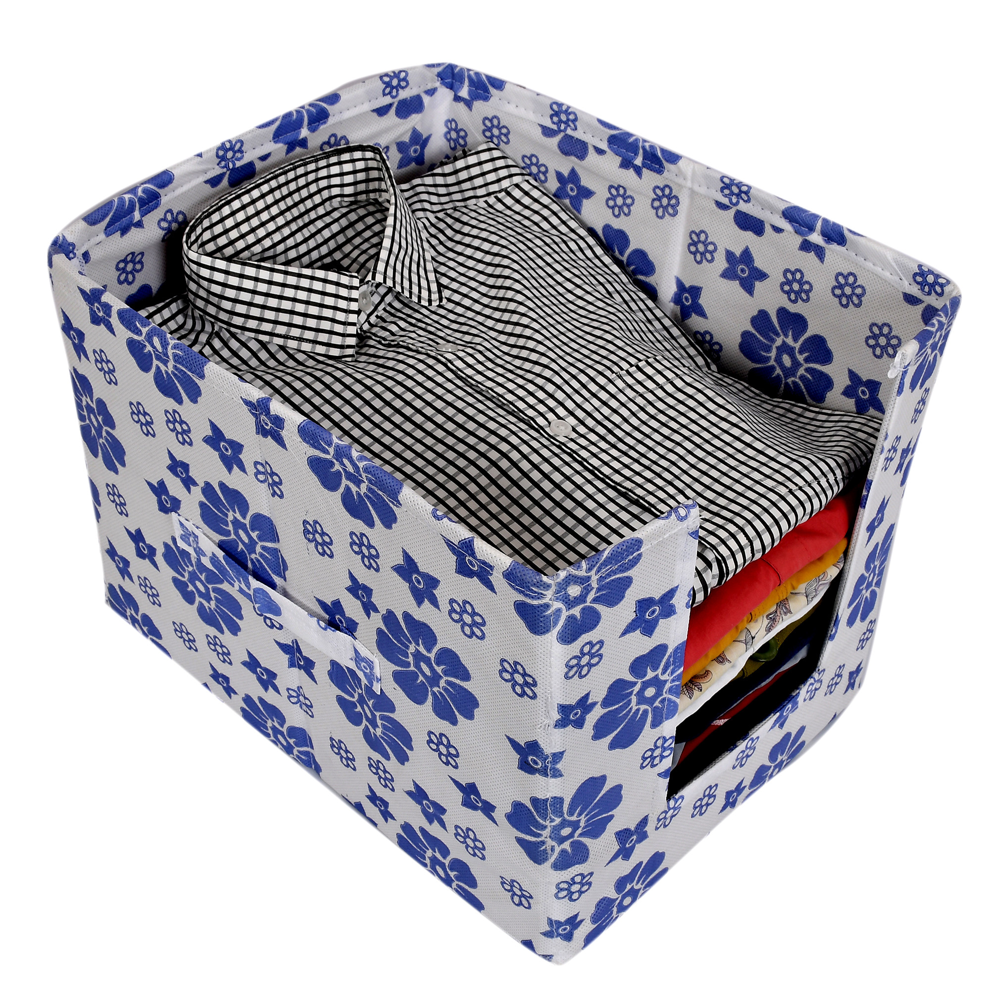 Kuber Industries Flower Print Non Woven Shirt Stacker/Shirt Organizer Wardrobe Organizer (Royal Blue)-KUBMART1618