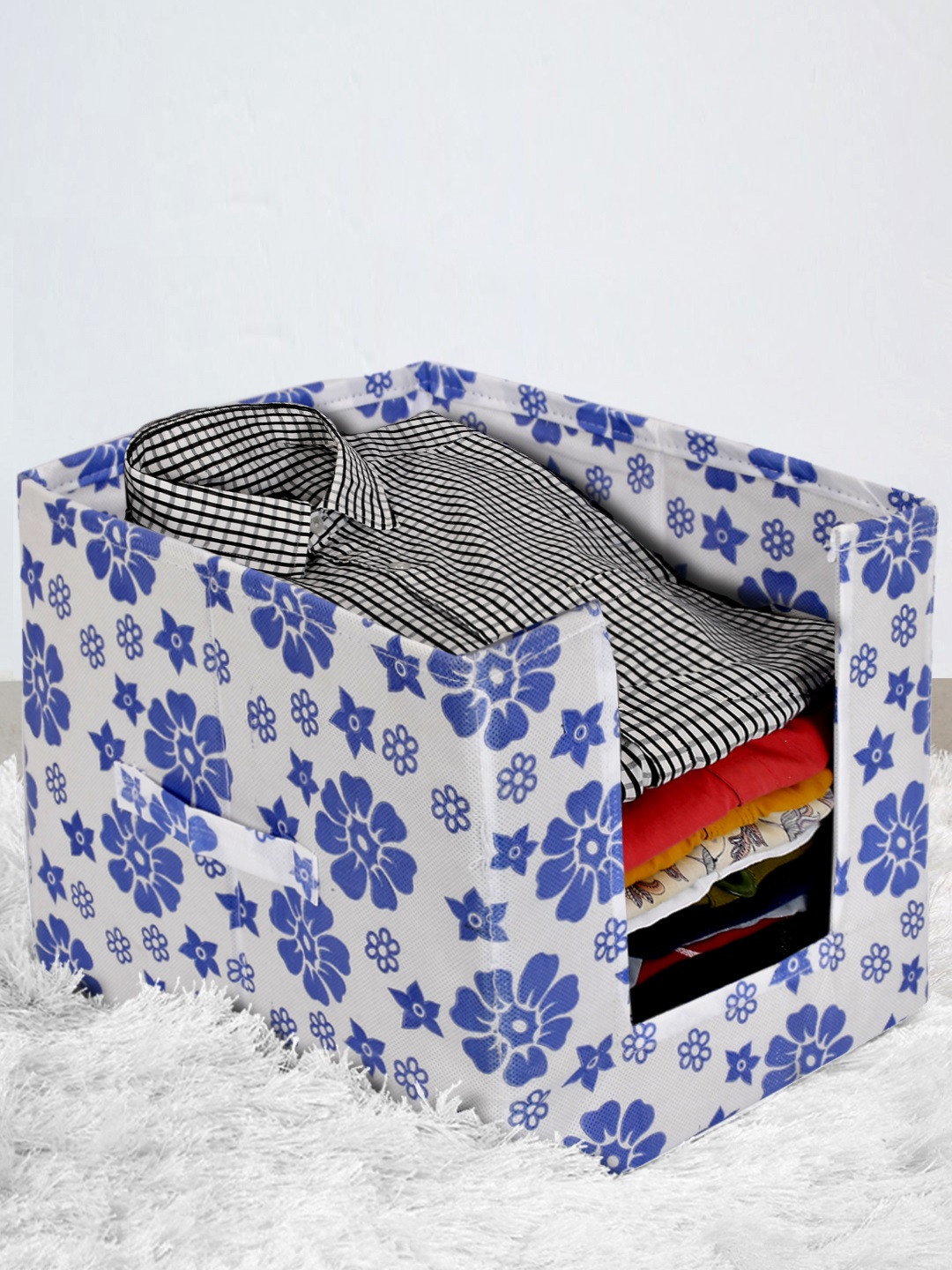 Kuber Industries Flower Print Non Woven Shirt Stacker/Shirt Organizer Wardrobe Organizer (Royal Blue)-KUBMART1618