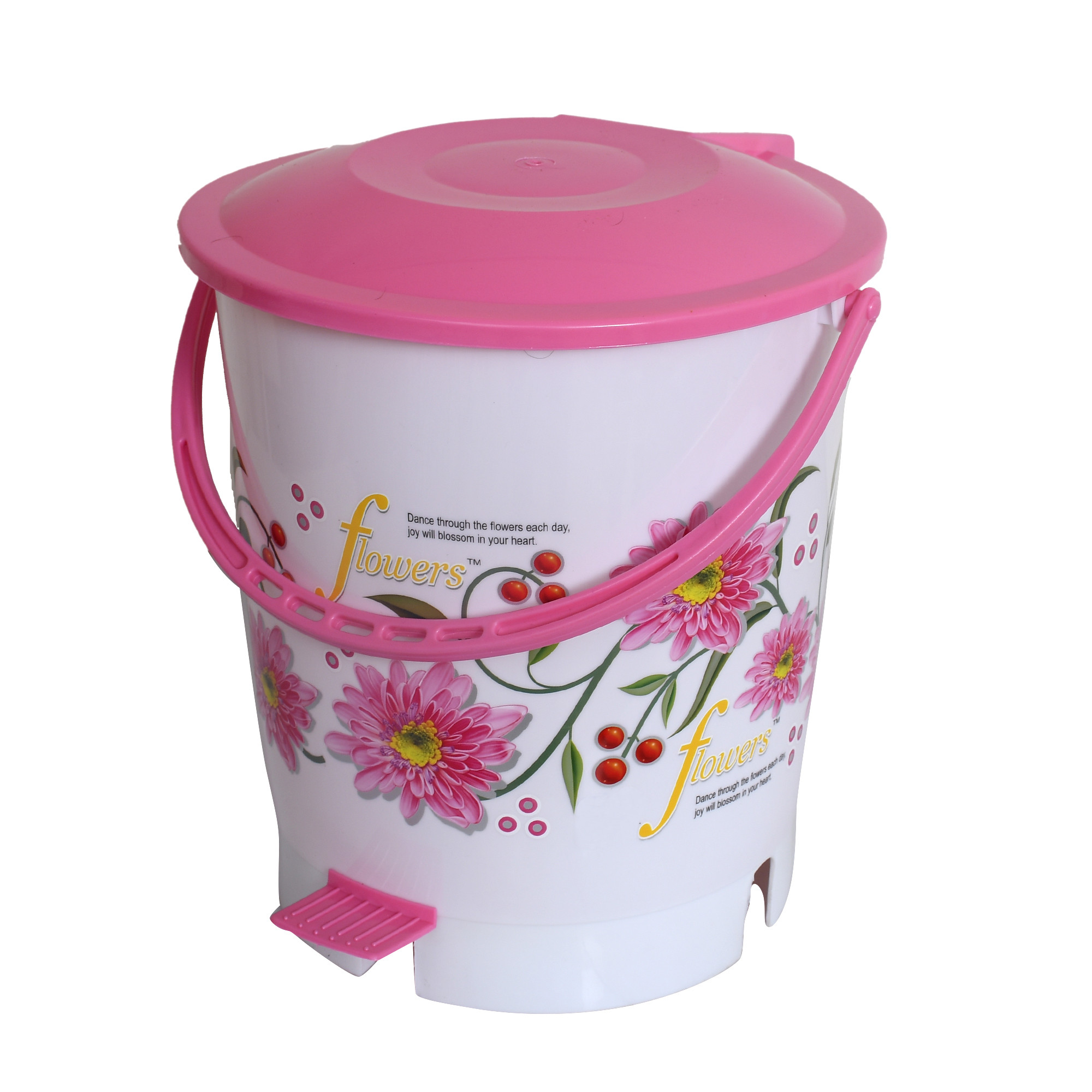 Kuber Industries Flower Print Plastic 2 Pieces Dustbin/ Garbage Bin/ Waste Bin With Lid, 10 Liters (Pink & Blue)