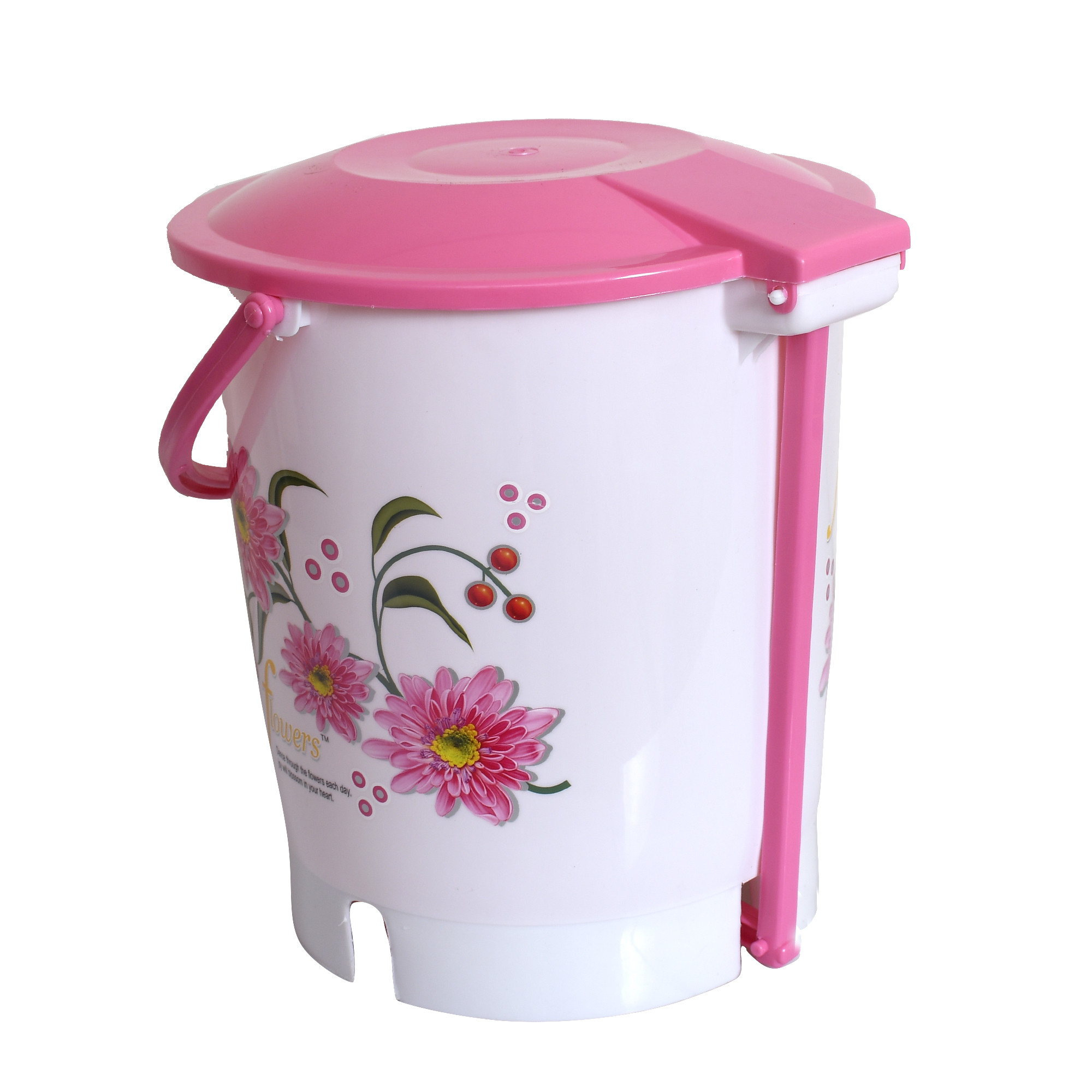 Kuber Industries Flower Print Plastic Dustbin/ Garbage Bin/ Waste Bin With Lid, 10 Liters (Pink)