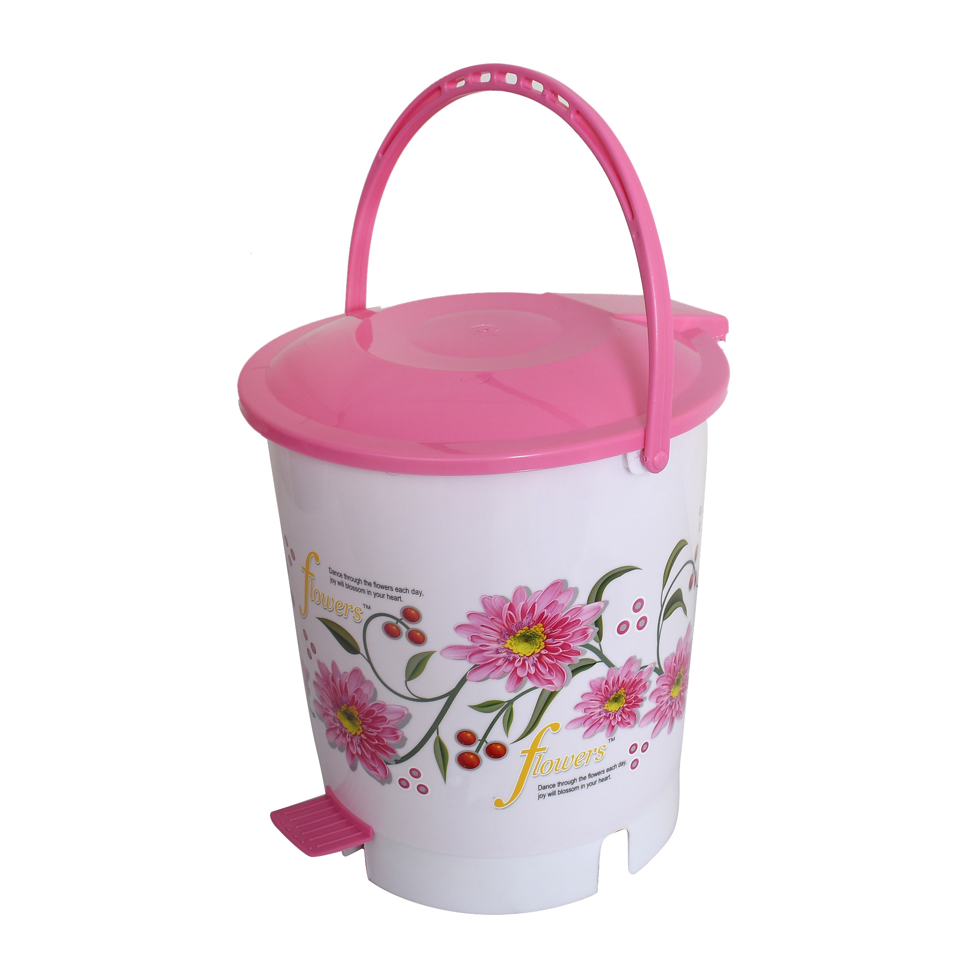 Kuber Industries Flower Print Plastic Dustbin/ Garbage Bin/ Waste Bin With Lid, 10 Liters (Pink)