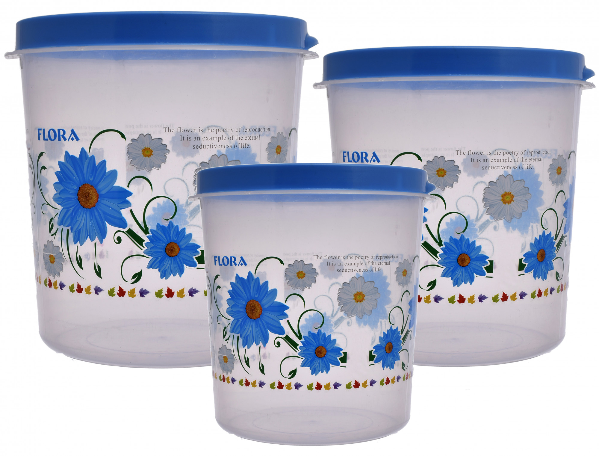 Kuber Industries Flower Print Plastic Multipurpose Kitchen Storage Container Set with Flexi Lid 10 Ltr,7 Ltr & 5 Ltr(Set Of 3,Blue)-KUBMART530