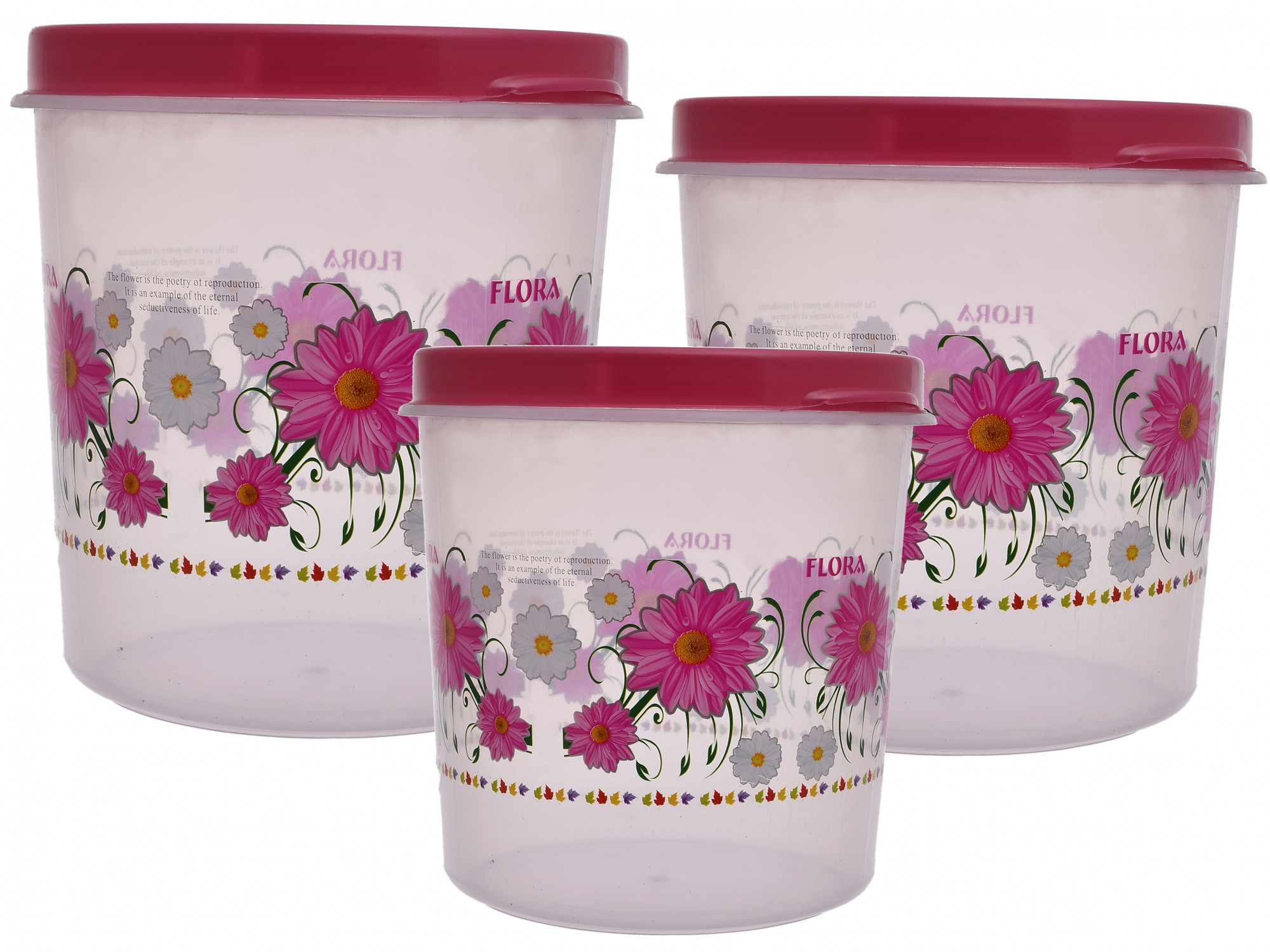 Kuber Industries Flower Print Plastic Multipurpose Kitchen Storage Container Set with Flexi Lid 10 Ltr,7 Ltr & 5 Ltr(Set Of 3,Pink)-KUBMART532