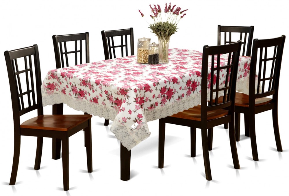 Kuber Industries Flower Print PVC 6 Seater Dining Table Cover 60&quot;x90&quot;,Pink &amp; White-KUBMRT11751