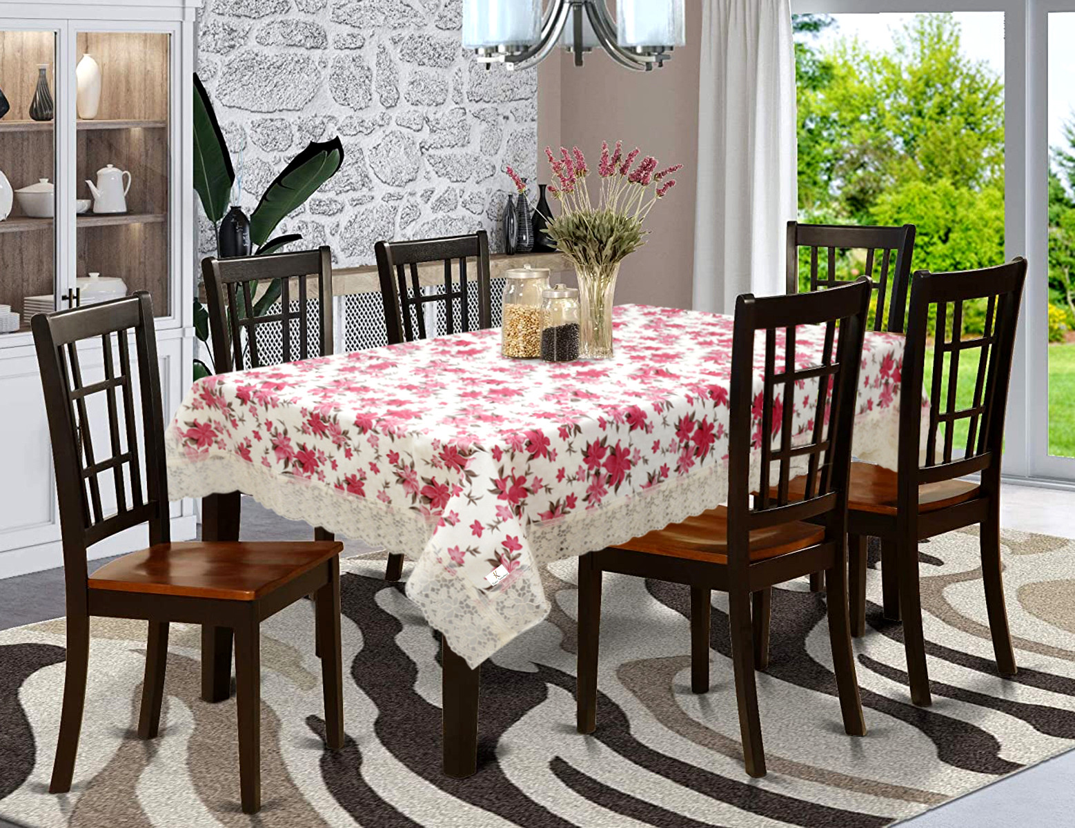 Kuber Industries Flower Print PVC 6 Seater Dining Table Cover 60