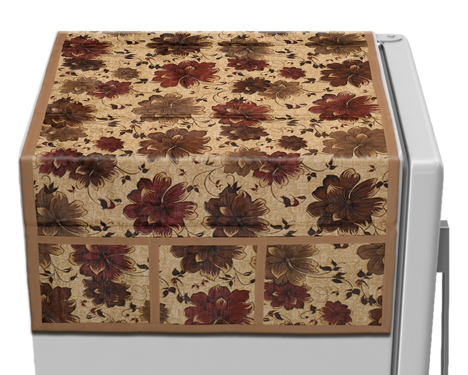 Kuber Industries Flower print PVC Fridge Top Cover With 6 Utility Side Pockets (Beige)