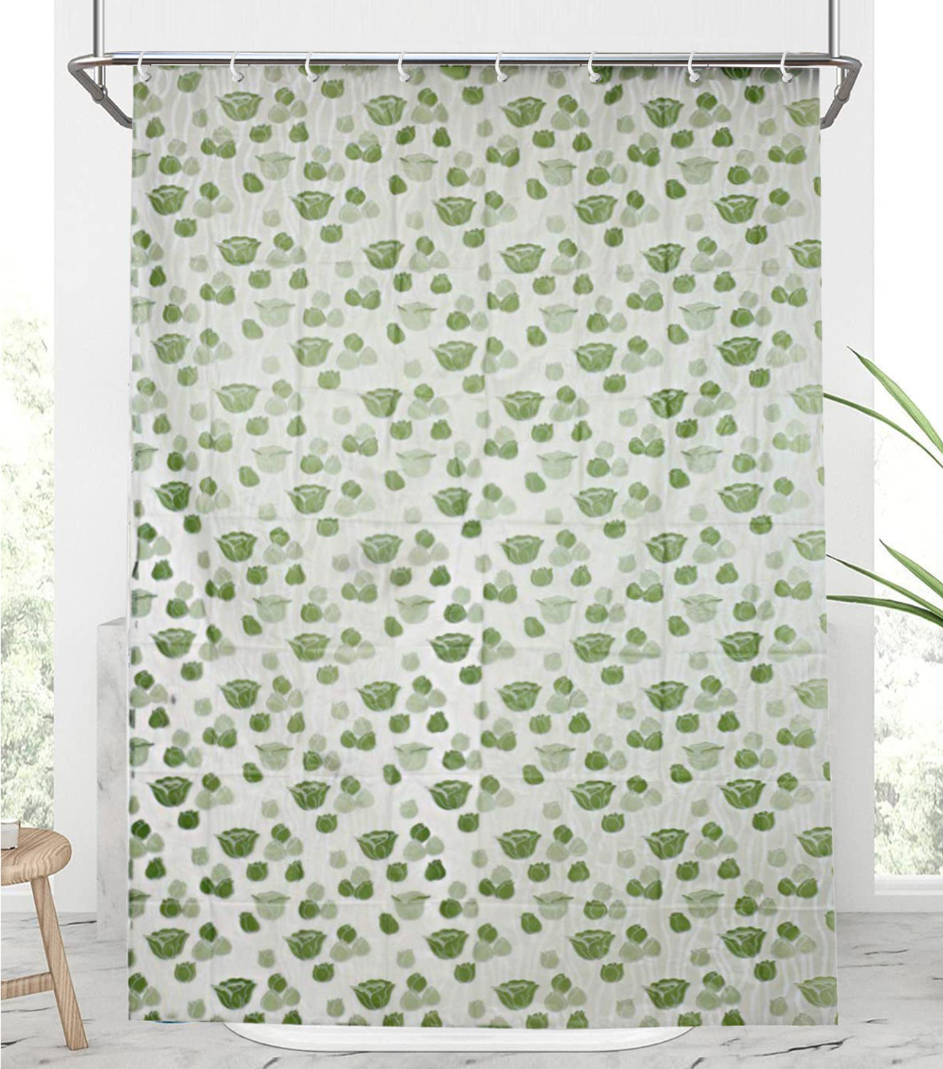 Kuber Industries Flower Print PVC Shower Curtain With Hooks,7 Feet (Green)