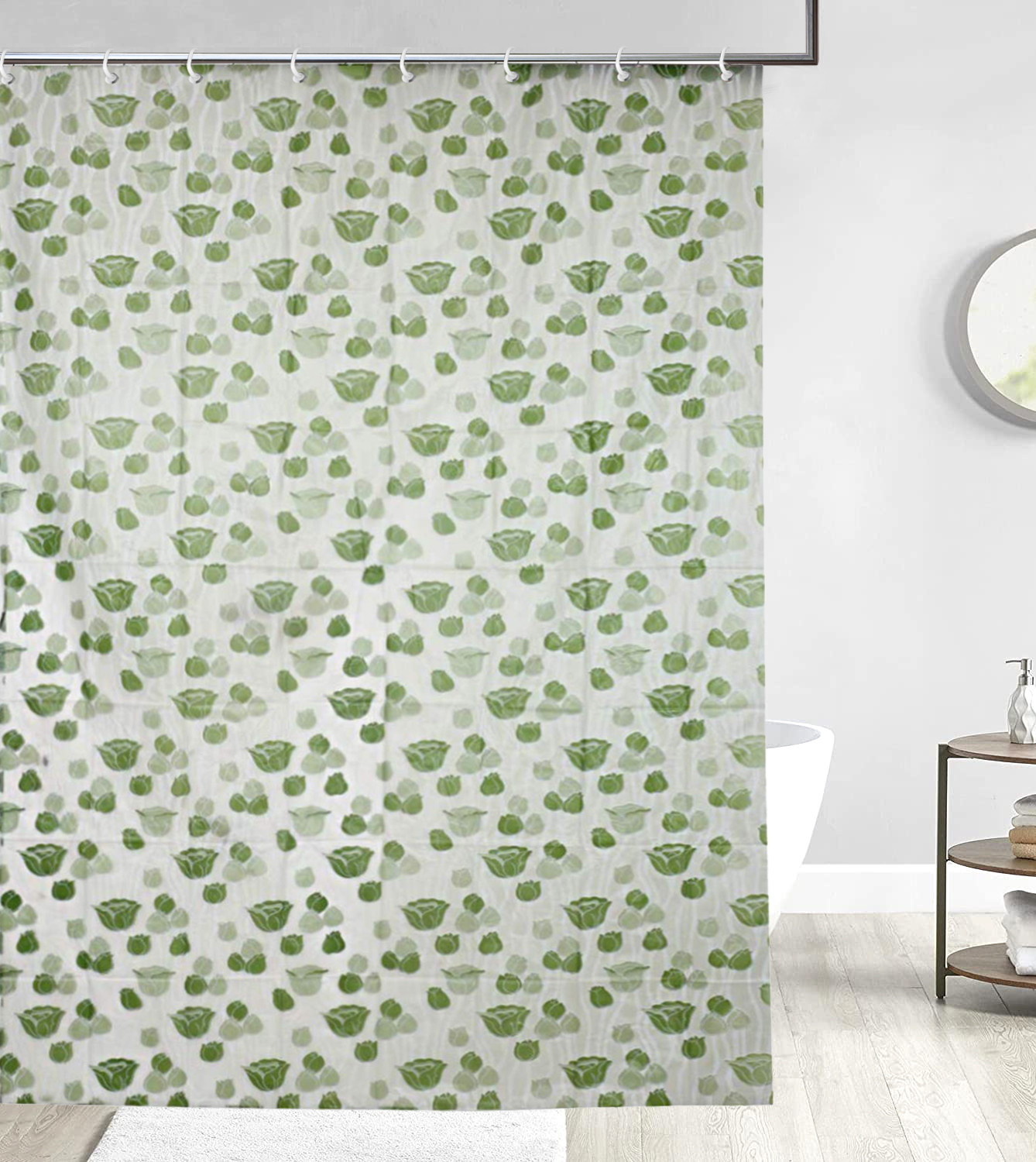 Kuber Industries Flower Print PVC Shower Curtain With Hooks,7 Feet (Green)
