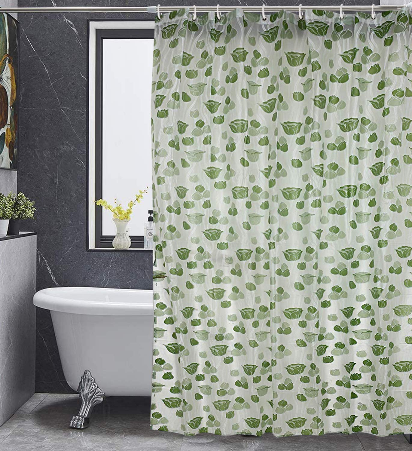 Kuber Industries Flower Print PVC Shower Curtain With Hooks,7 Feet (Green)