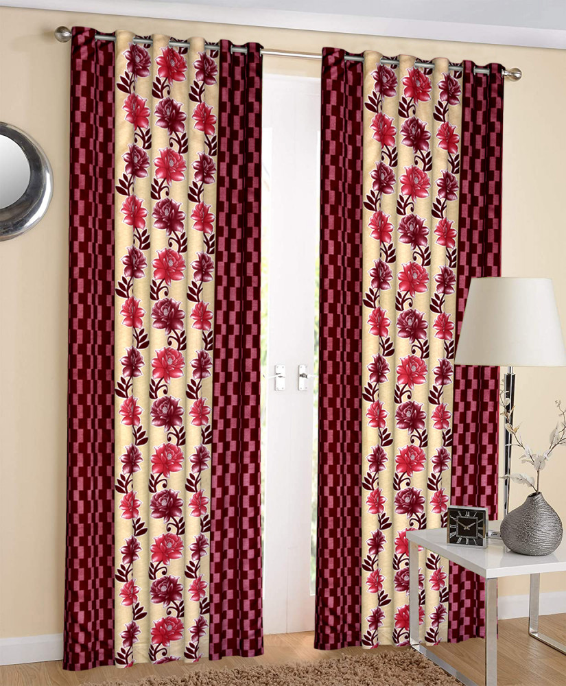 Kuber Industries Flower Print Room Darkening Door Curtain, 7 Feet (Maroon)