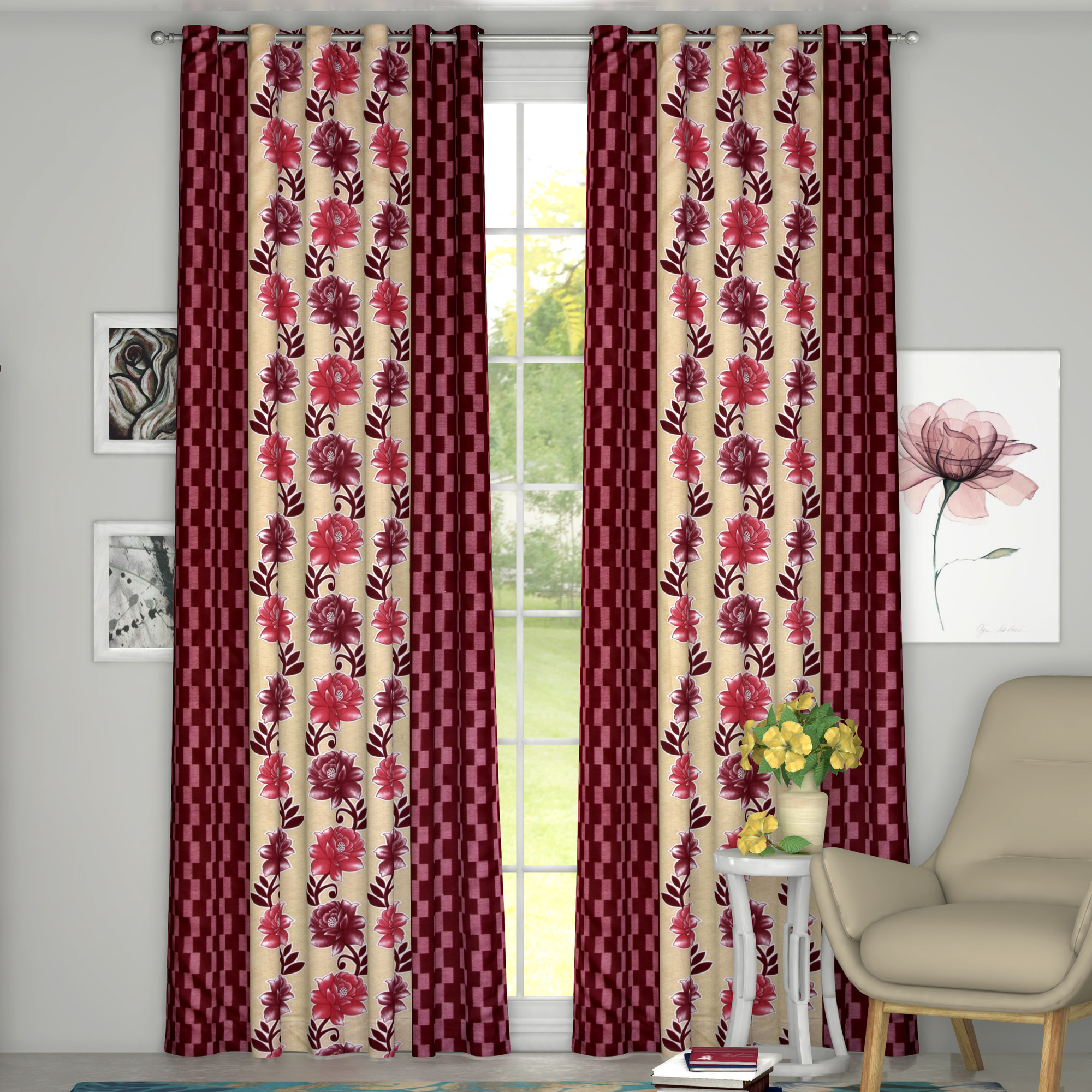 Kuber Industries Flower Print Room Darkening Door Curtain, 7 Feet (Maroon)