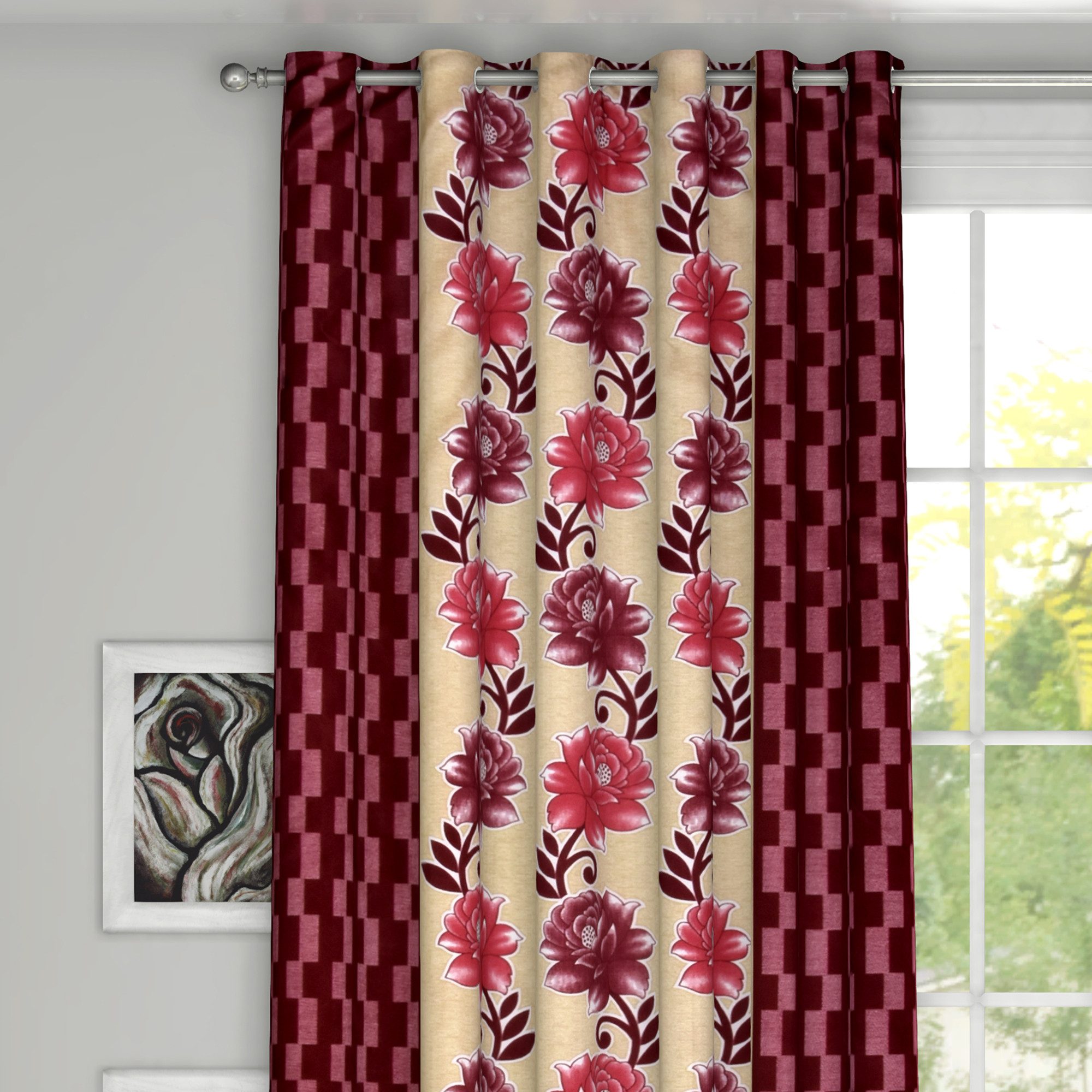 Kuber Industries Flower Print Room Darkening Door Curtain, 7 Feet (Maroon)