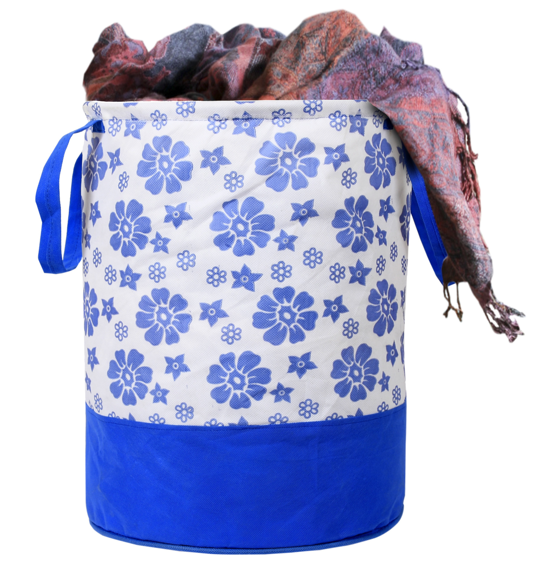 Kuber Industries Flower Print Round Non Woven Fabric Foldable Laundry Basket , Toy Storage Basket, Cloth Storage Basket With Handles,45 Ltr (Blue)-33_S_KUBQMART11608