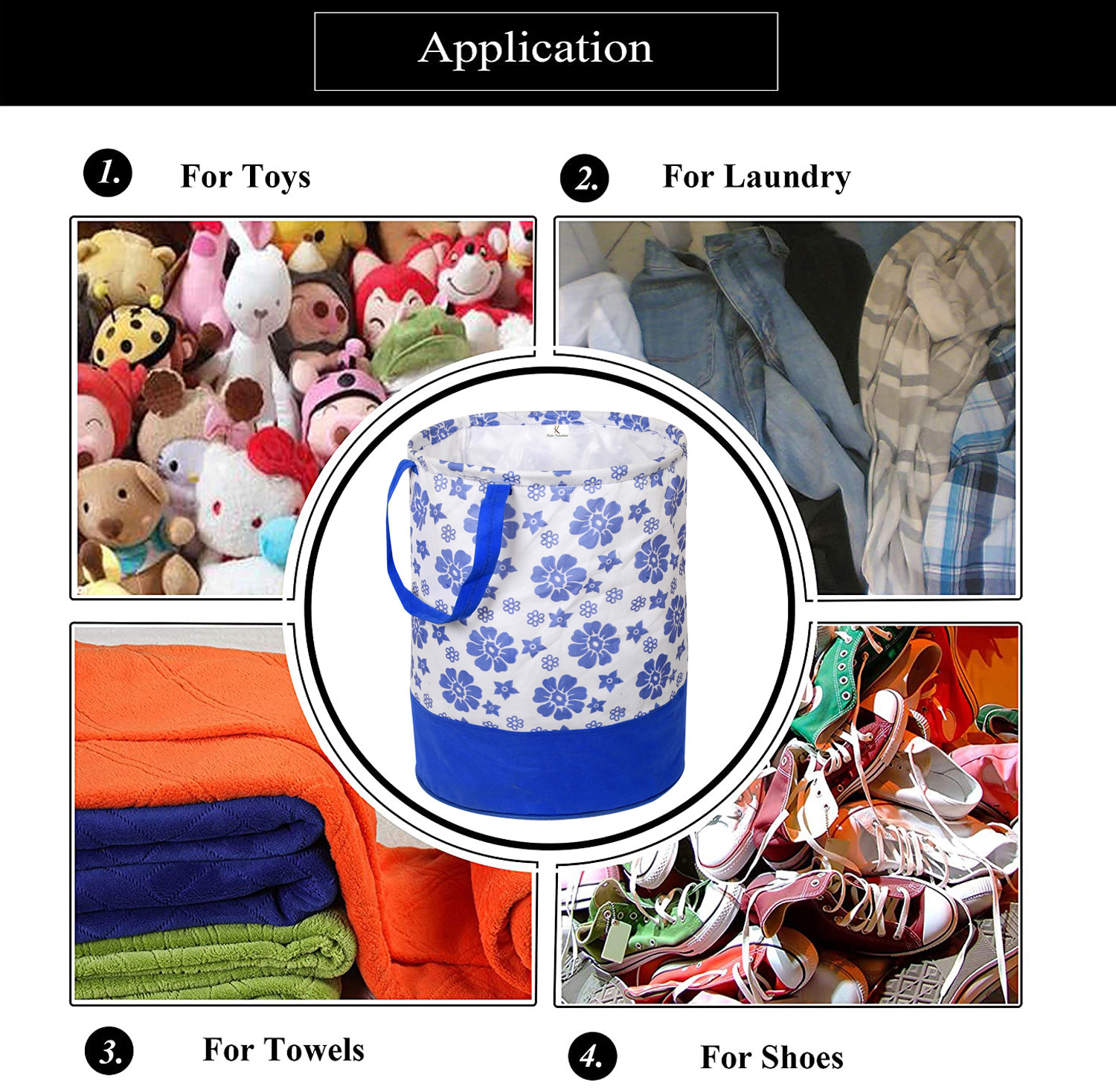 Kuber Industries Flower Print Round Non Woven Fabric Foldable Laundry Basket , Toy Storage Basket, Cloth Storage Basket With Handles,45 Ltr (Blue)-33_S_KUBQMART11608