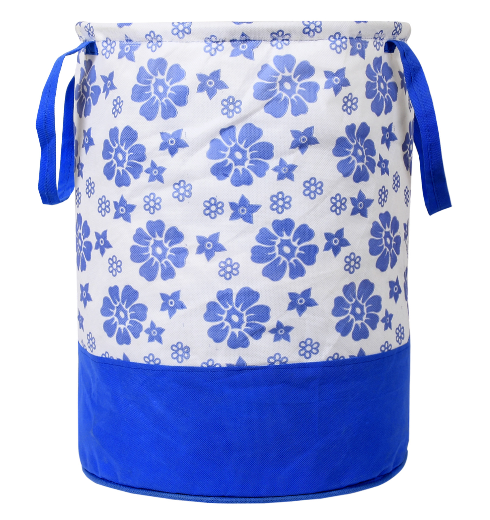 Kuber Industries Flower Print Round Non Woven Fabric Foldable Laundry Basket , Toy Storage Basket, Cloth Storage Basket With Handles,45 Ltr (Blue)-33_S_KUBQMART11608