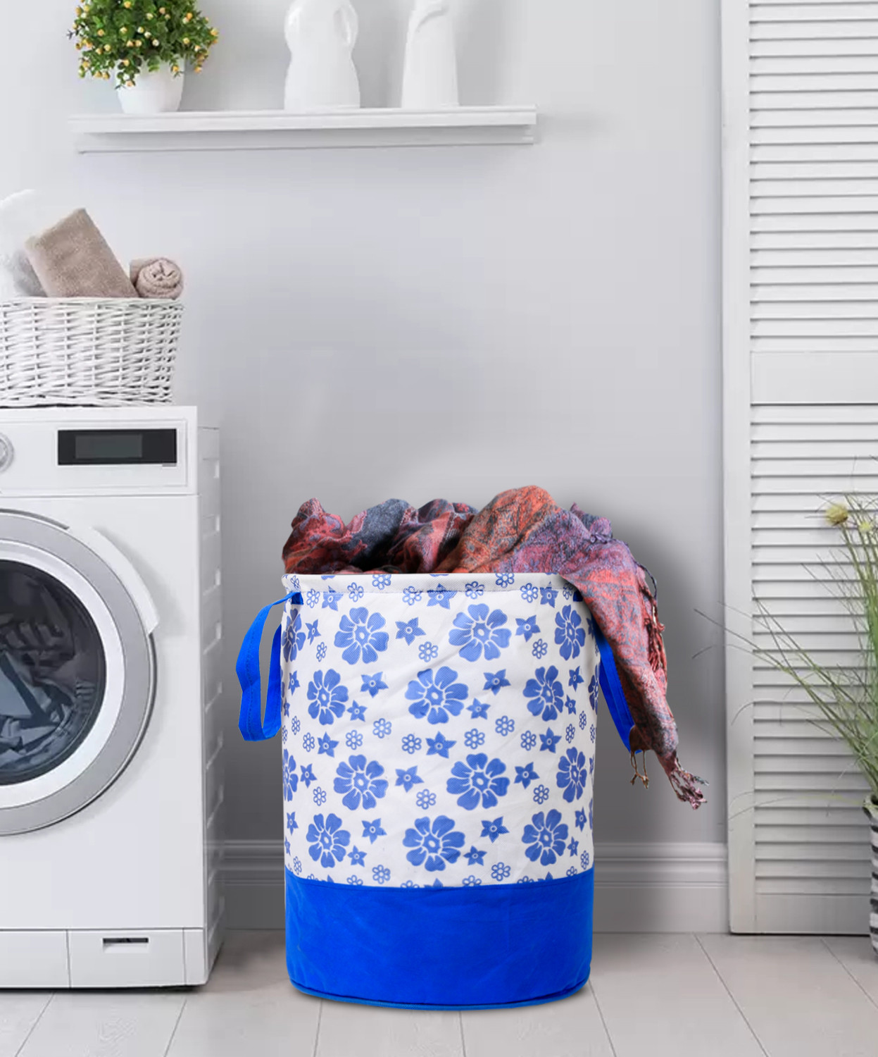 Kuber Industries Flower Print Round Non Woven Fabric Foldable Laundry Basket , Toy Storage Basket, Cloth Storage Basket With Handles,45 Ltr (Blue)-33_S_KUBQMART11608