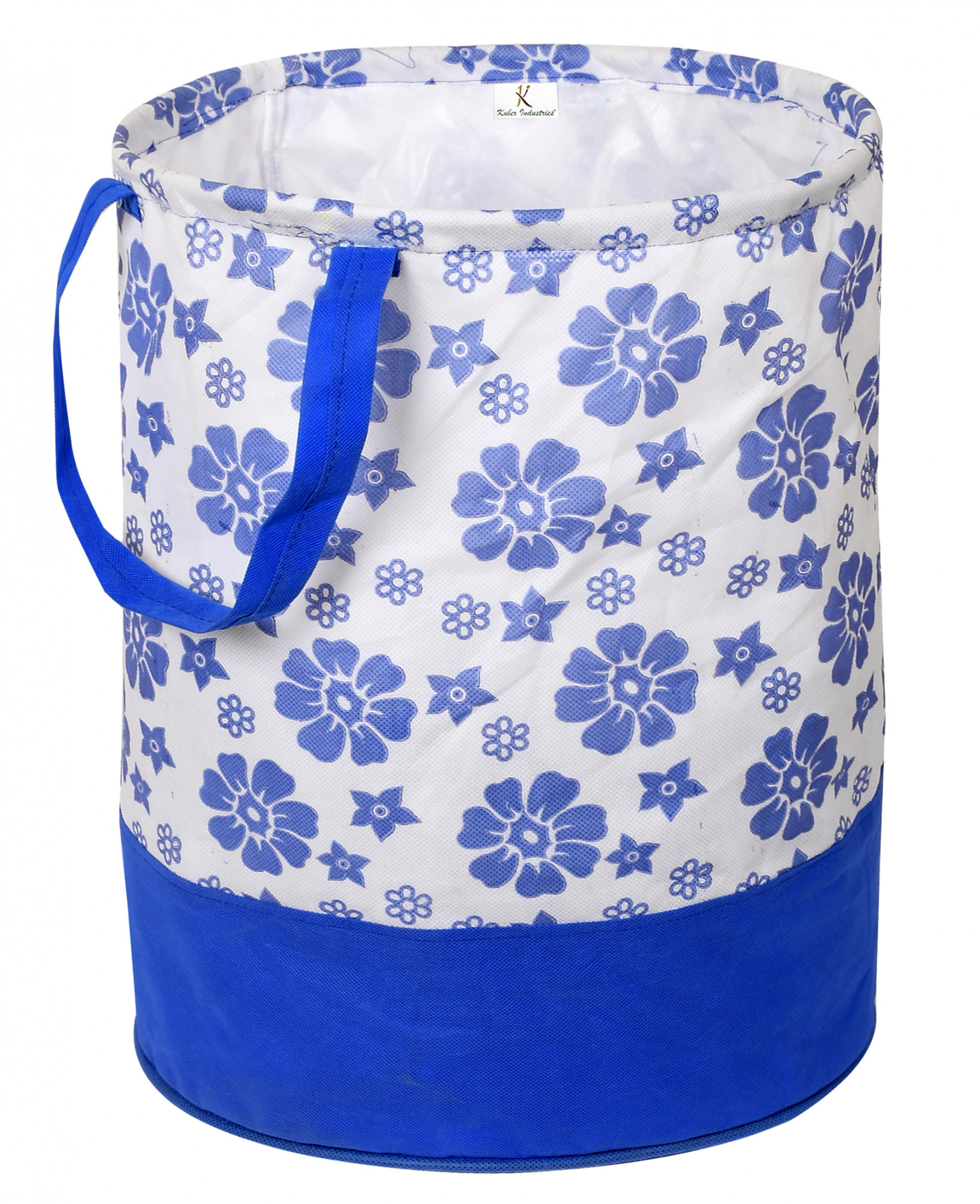 Kuber Industries Flower Print Round Non Woven Fabric Foldable Laundry Basket , Toy Storage Basket, Cloth Storage Basket With Handles,45 Ltr (Blue)-33_S_KUBQMART11608