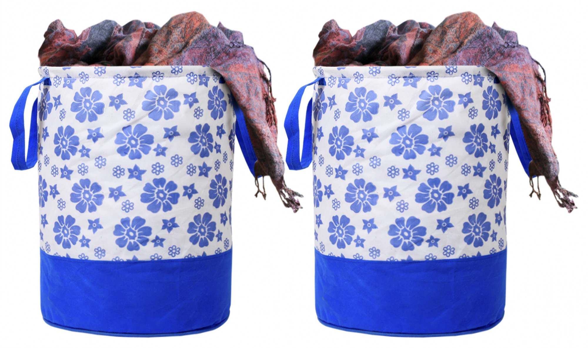 Kuber Industries Flower Print Round Non Woven Fabric Foldable Laundry Basket , Toy Storage Basket, Cloth Storage Basket With Handles,45 Ltr (Blue)-33_S_KUBQMART11608