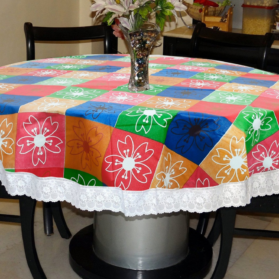 Kuber Industries Flower Print Round Table Cover 60 Inch-Waterproof PVC Resistant Spillproof PVC Fabric Table Cover for Dining Room Kitchen Party (Multi)-KUBMRT11819