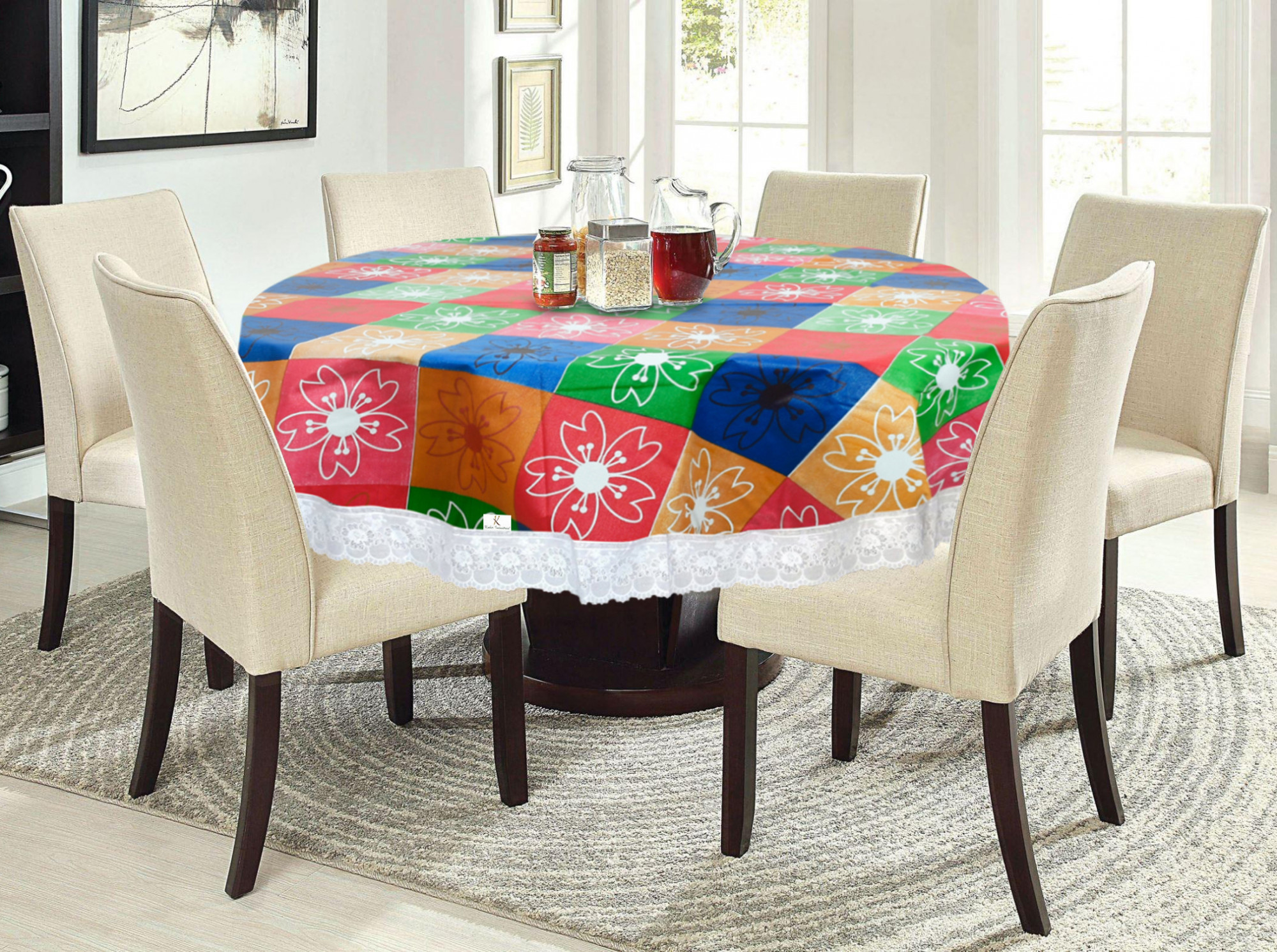 Kuber Industries Flower Print Round Table Cover 72 Inch-Waterproof PVC Resistant Spillproof PVC Fabric Table Cover for Dining Room Kitchen Party (Multi)-KUBMRT11827