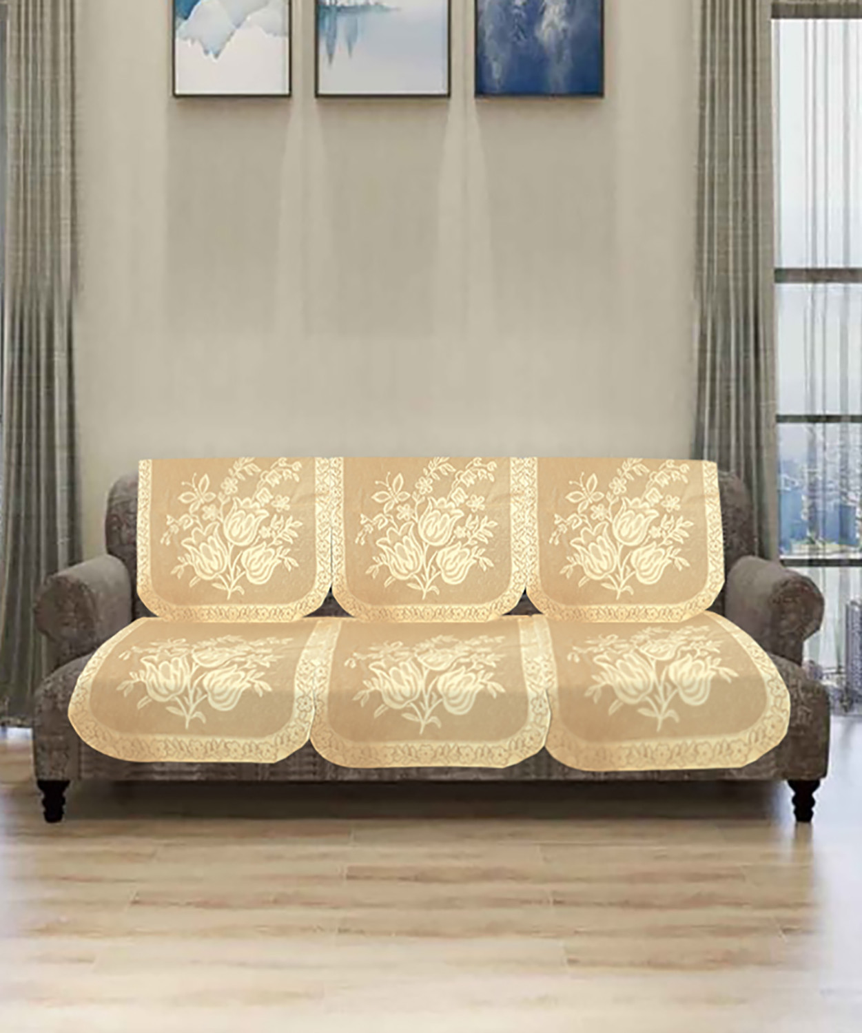 Kuber Industries Flower Printed 3 Seater Cotton Sofa Cover Set (Cream)-44KM0583