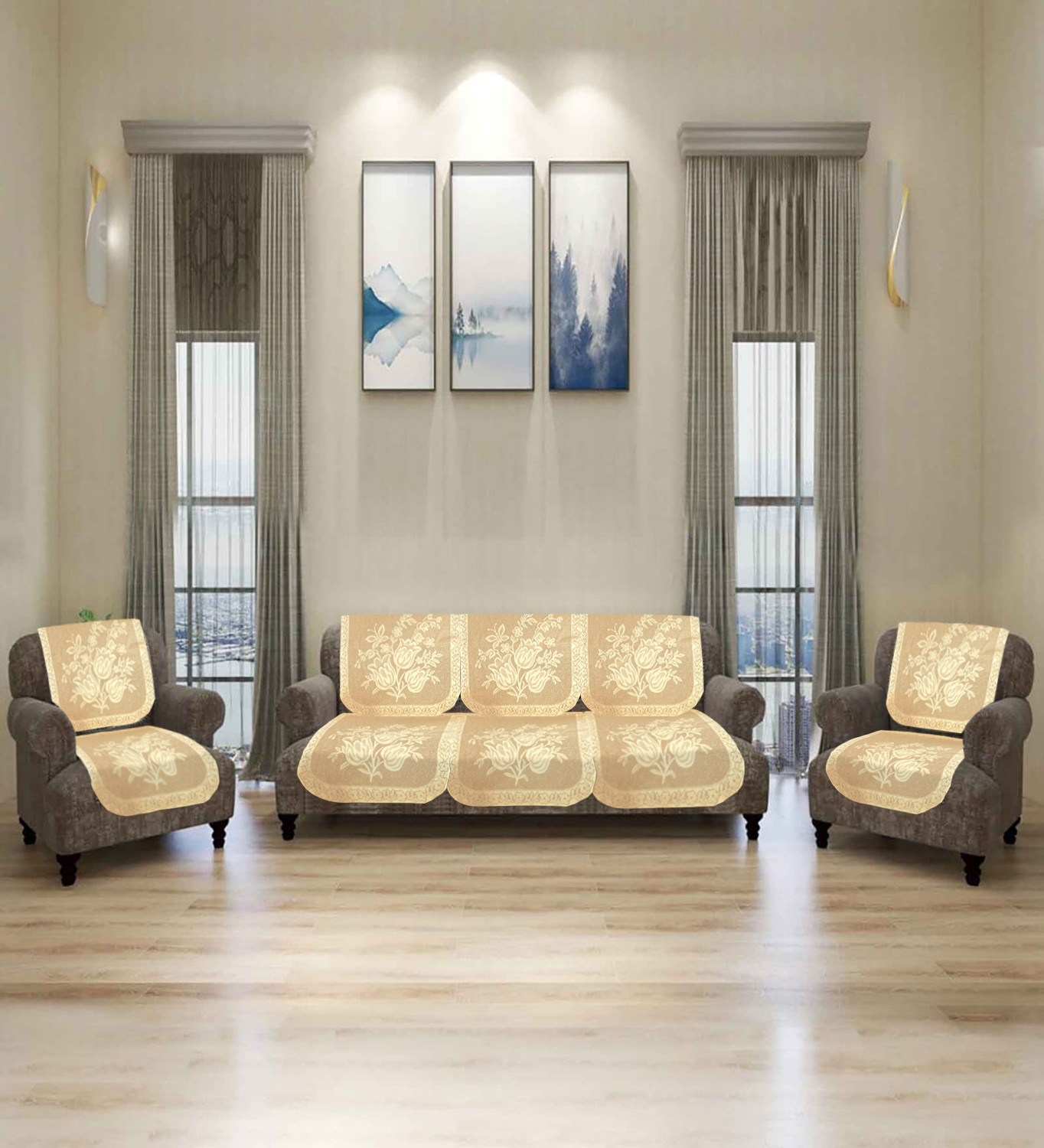 Kuber Industries Flower Printed 5 Seater Cotton Sofa Cover Set (Cream)-44KM0525