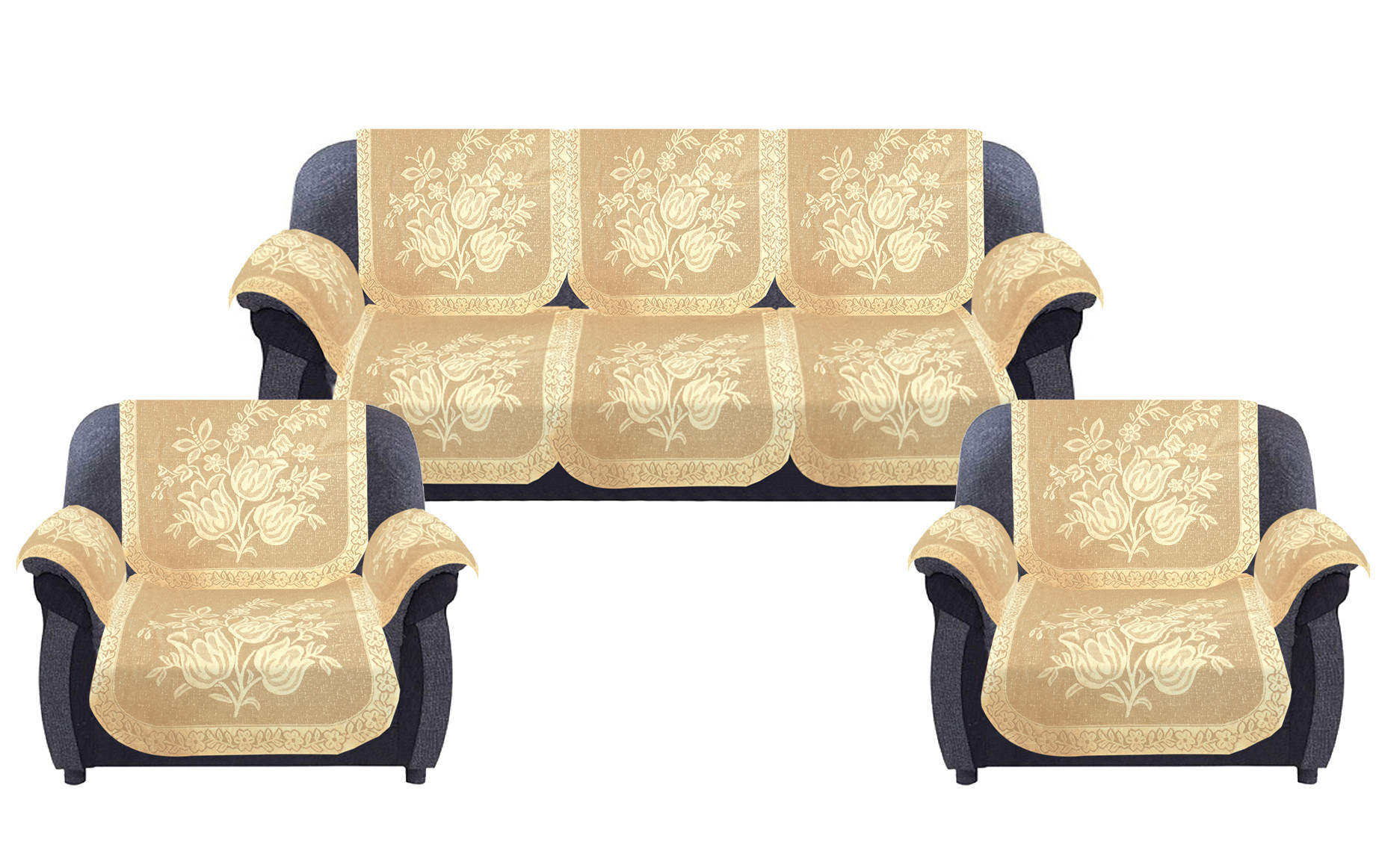 Kuber Industries Flower Printed 5 Seater Cotton Sofa Cover Set with 6 Pieces Arms Cover (Cream)-44KM0585
