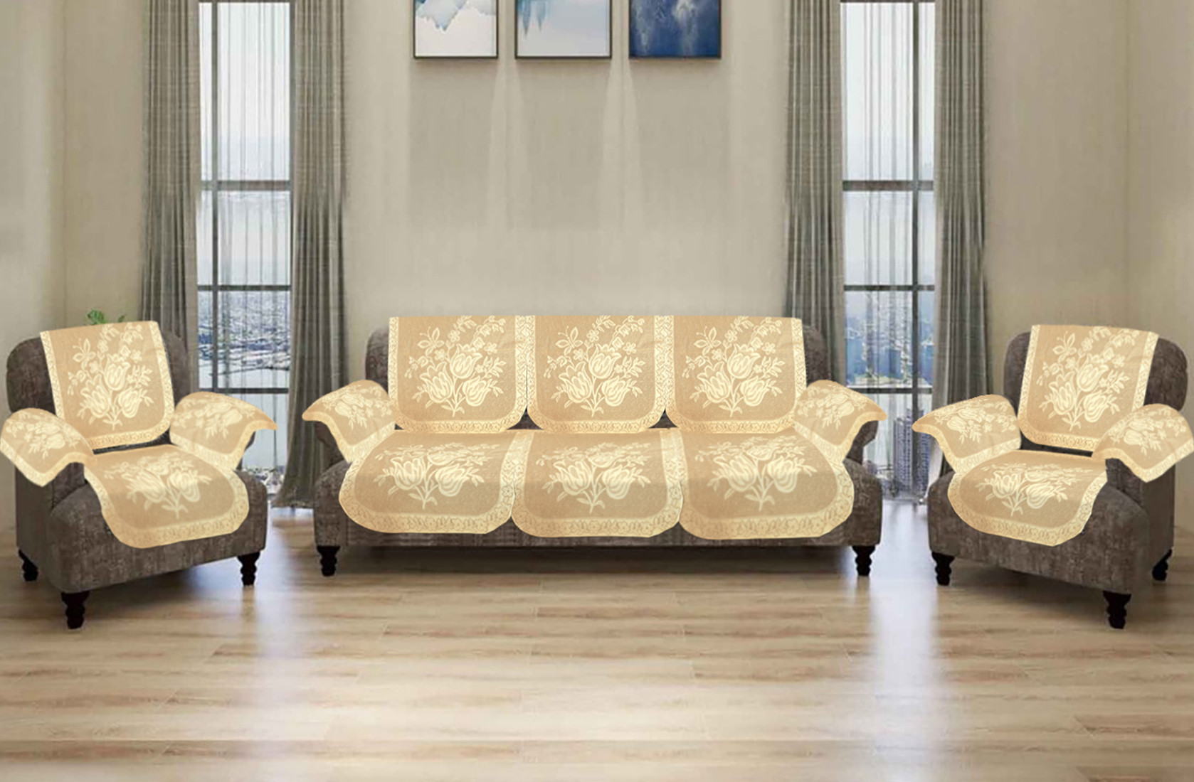Kuber Industries Flower Printed 5 Seater Cotton Sofa Cover Set with 6 Pieces Arms Cover (Cream)-44KM0585