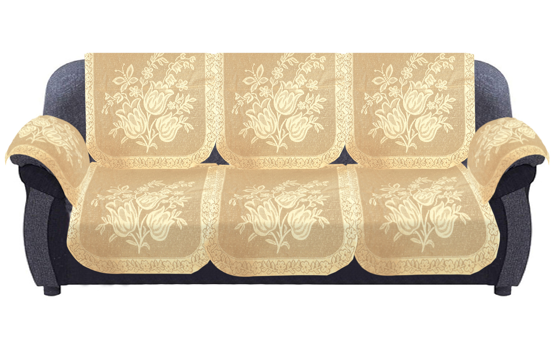 Kuber Industries Flower Printed 5 Seater Cotton Sofa Cover Set with 6 Pieces Arms Cover (Cream)-44KM0585