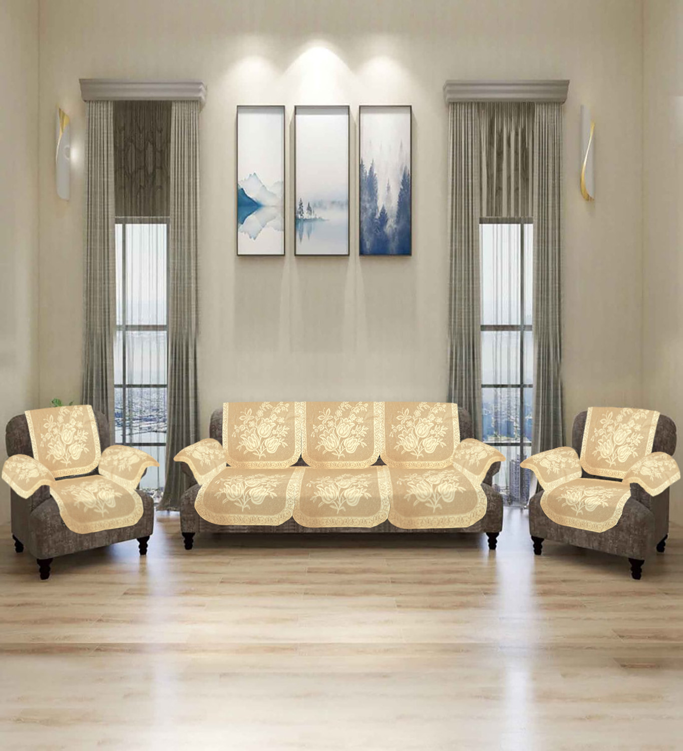 Kuber Industries Flower Printed 5 Seater Cotton Sofa Cover Set with 6 Pieces Arms Cover (Cream)-44KM0585