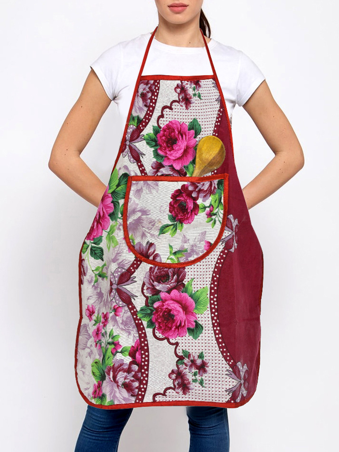 Kuber Industries Flower Printed Apron with 1Front Pocket (Pink)