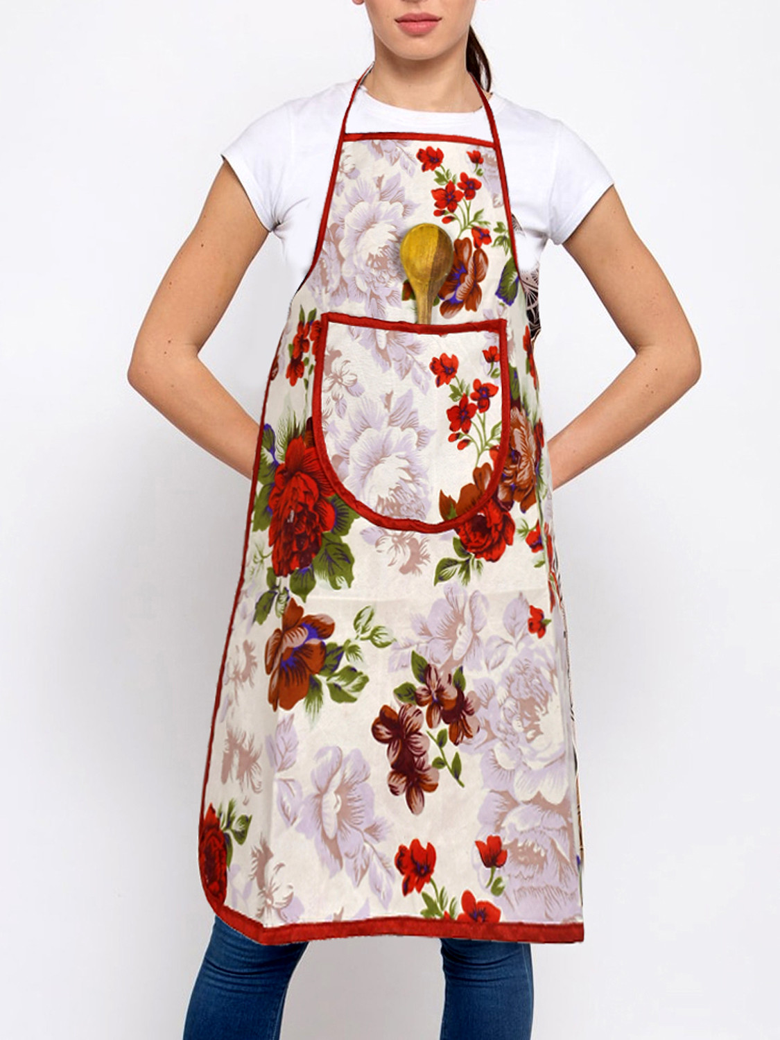 Kuber Industries Flower Printed Apron with 1Front Pocket (Red)