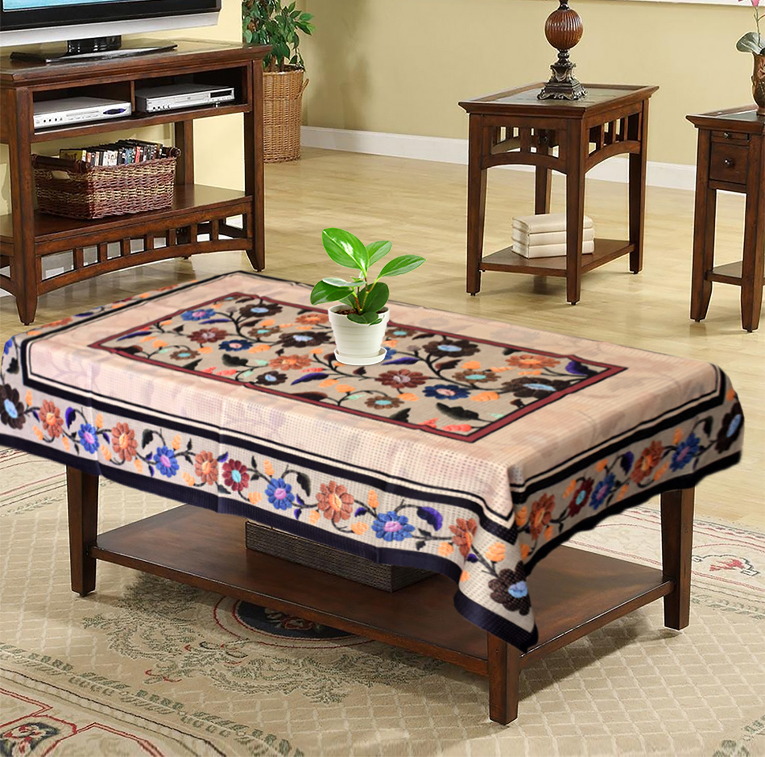 Kuber Industries Flower Printed Cotton 4 Seater Center Table Cover- 40x60 Sand