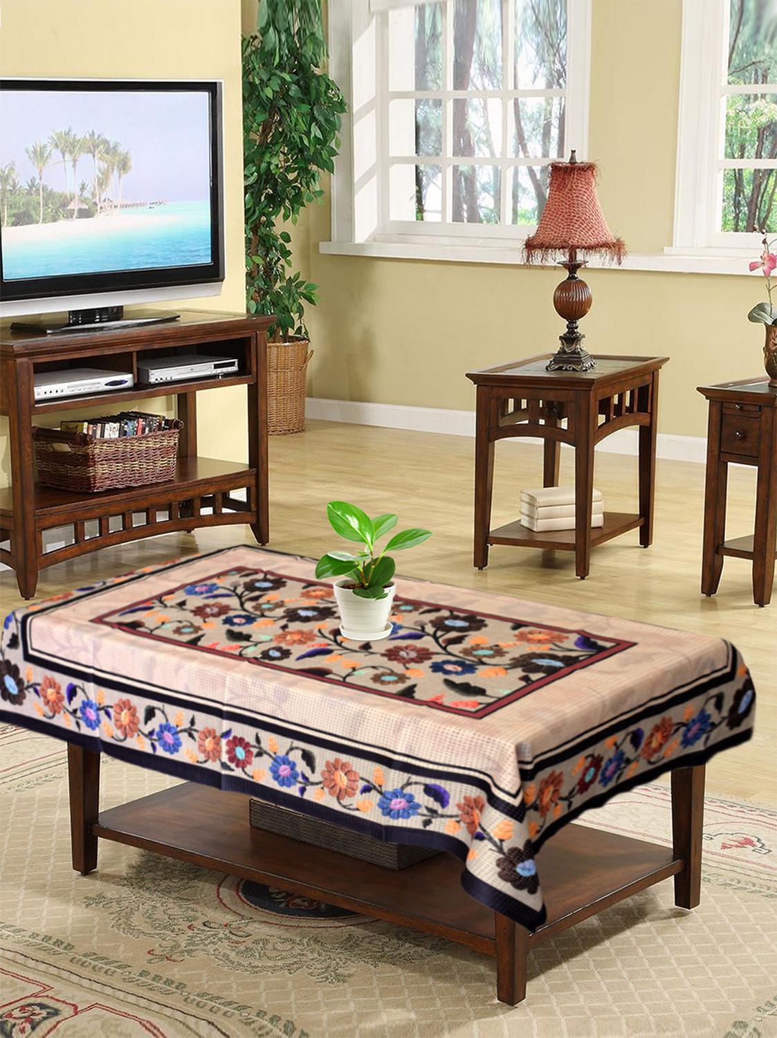 Kuber Industries Flower Printed Cotton 4 Seater Center Table Cover- 40x60 Sand