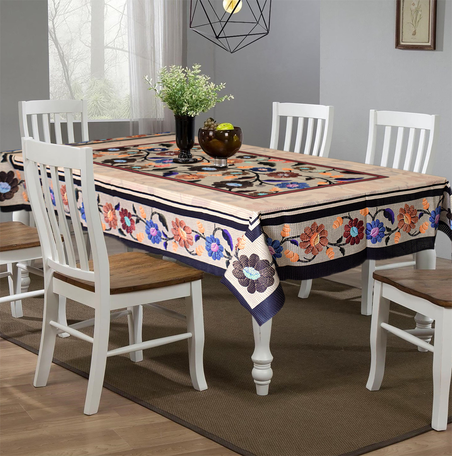 Kuber Industries Flower Printed Cotton 6 Seater Dinning Table Cover- 60